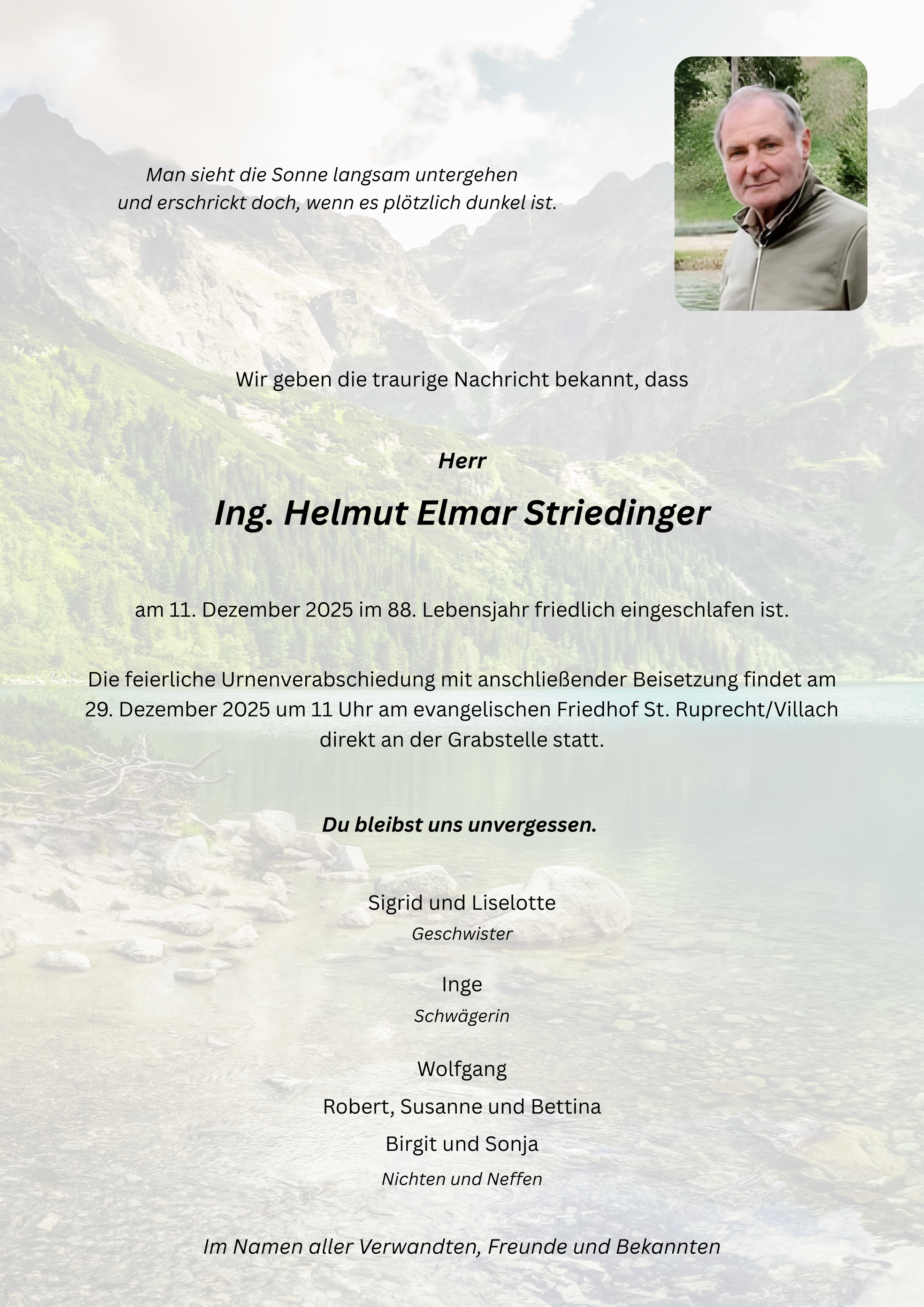 Traueranzeige von Ing. Helmut Elmar Striedinger