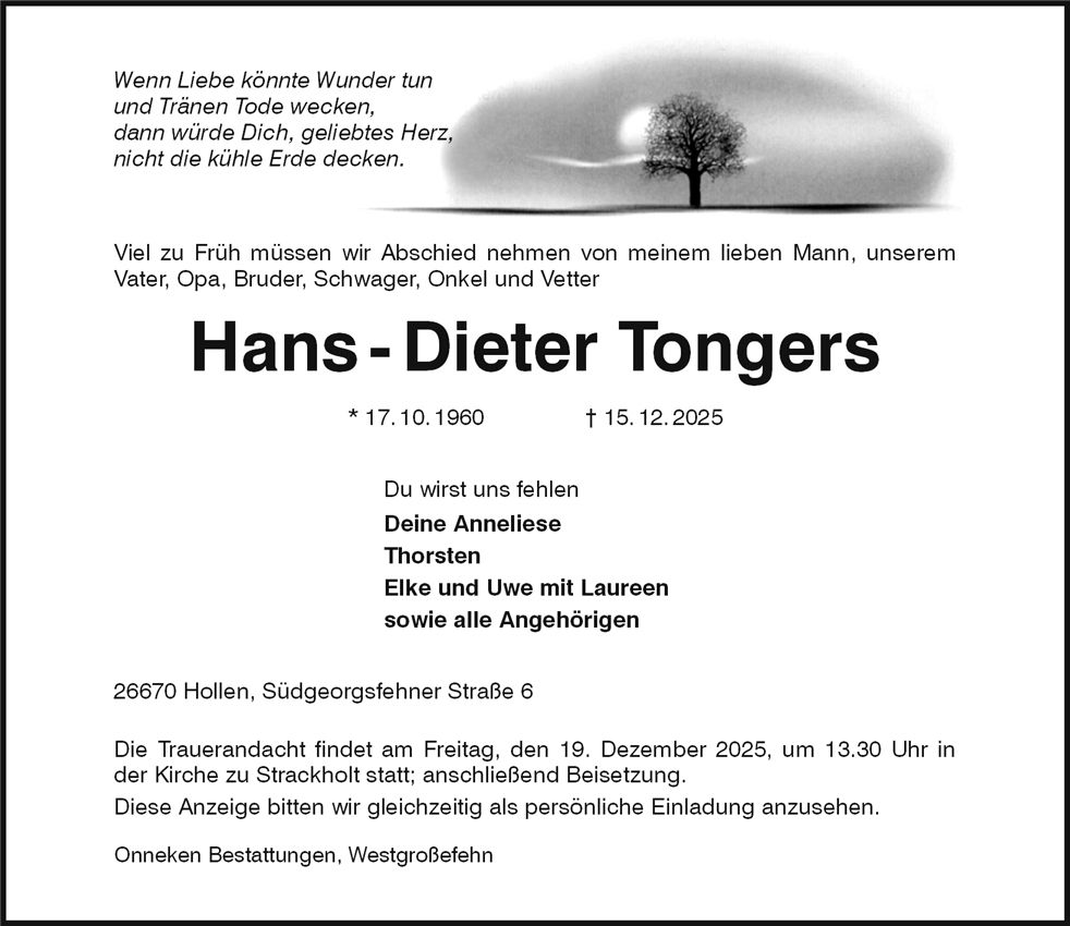 Traueranzeige von Hans-Dieter Tongers
