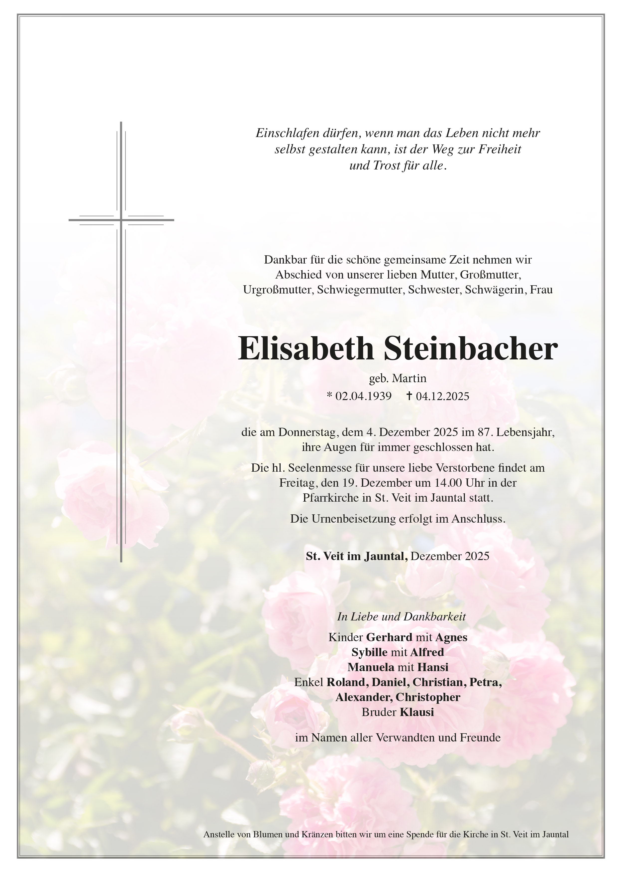 Traueranzeige von Elisabeth Stinbacher