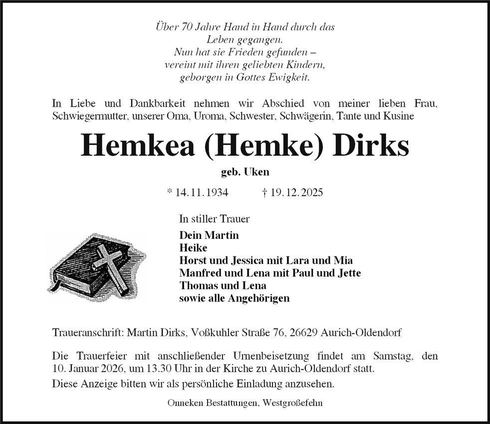 Traueranzeige von Hemkea (Hemke) Dirks