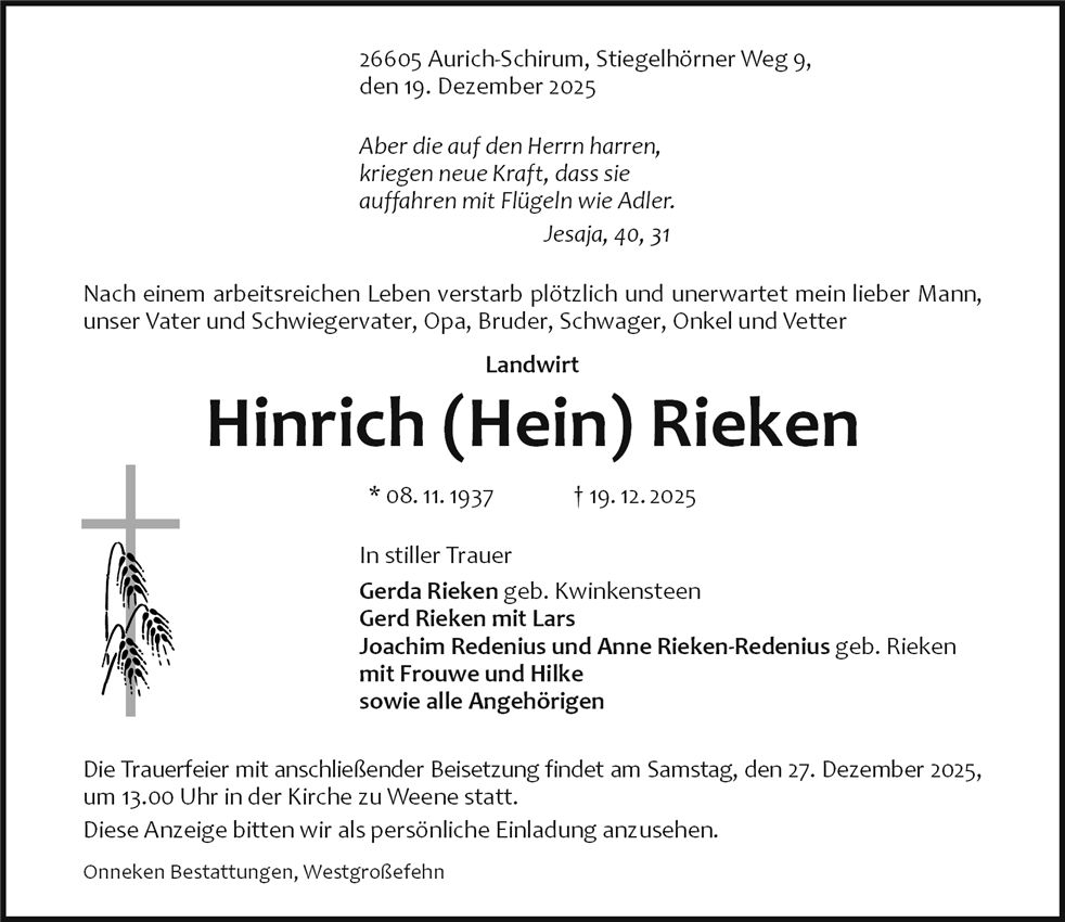 Traueranzeige von Hinrich (Hein) Rieken