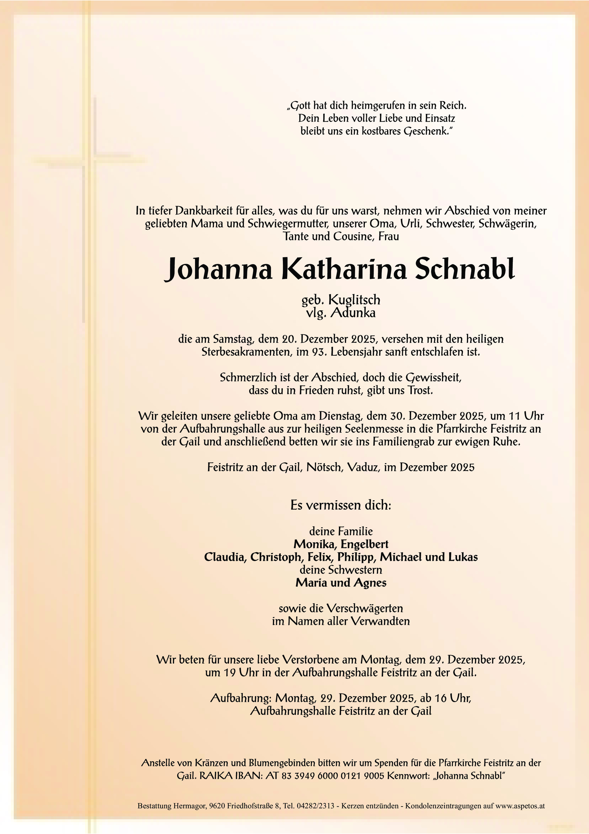 Traueranzeige von Johanna Schnabl