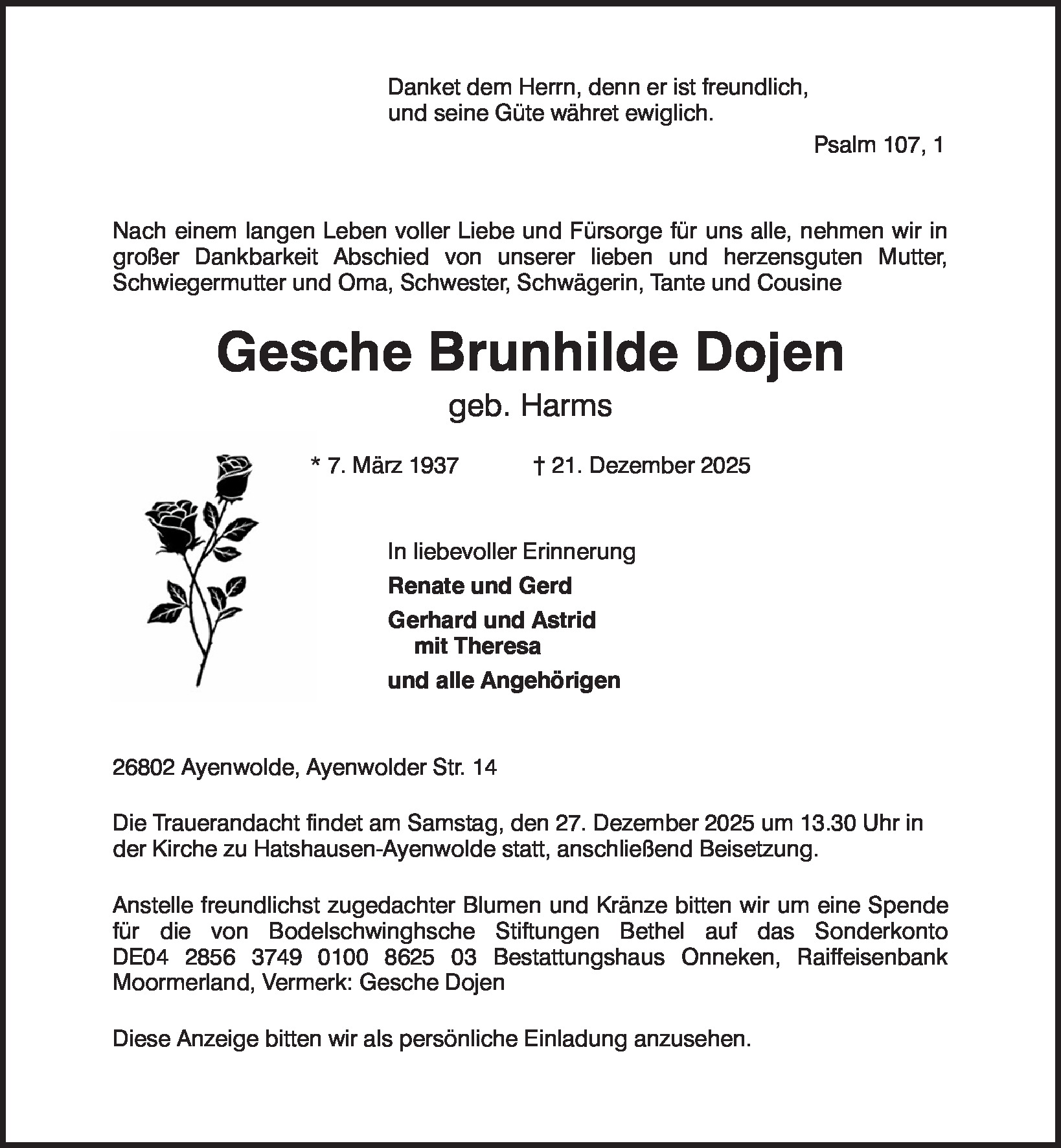 Traueranzeige von Gesche Brunhilde Dojen