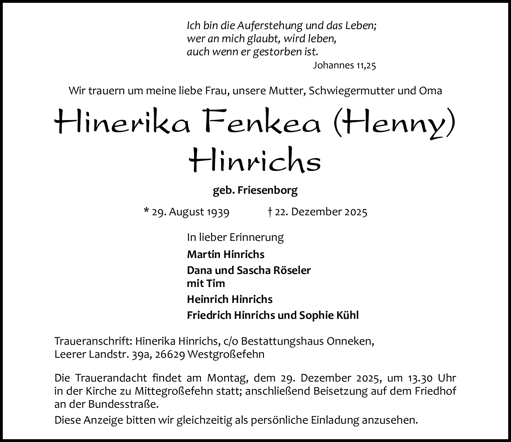 Traueranzeige von Hinerika (Henny) Hinrichs
