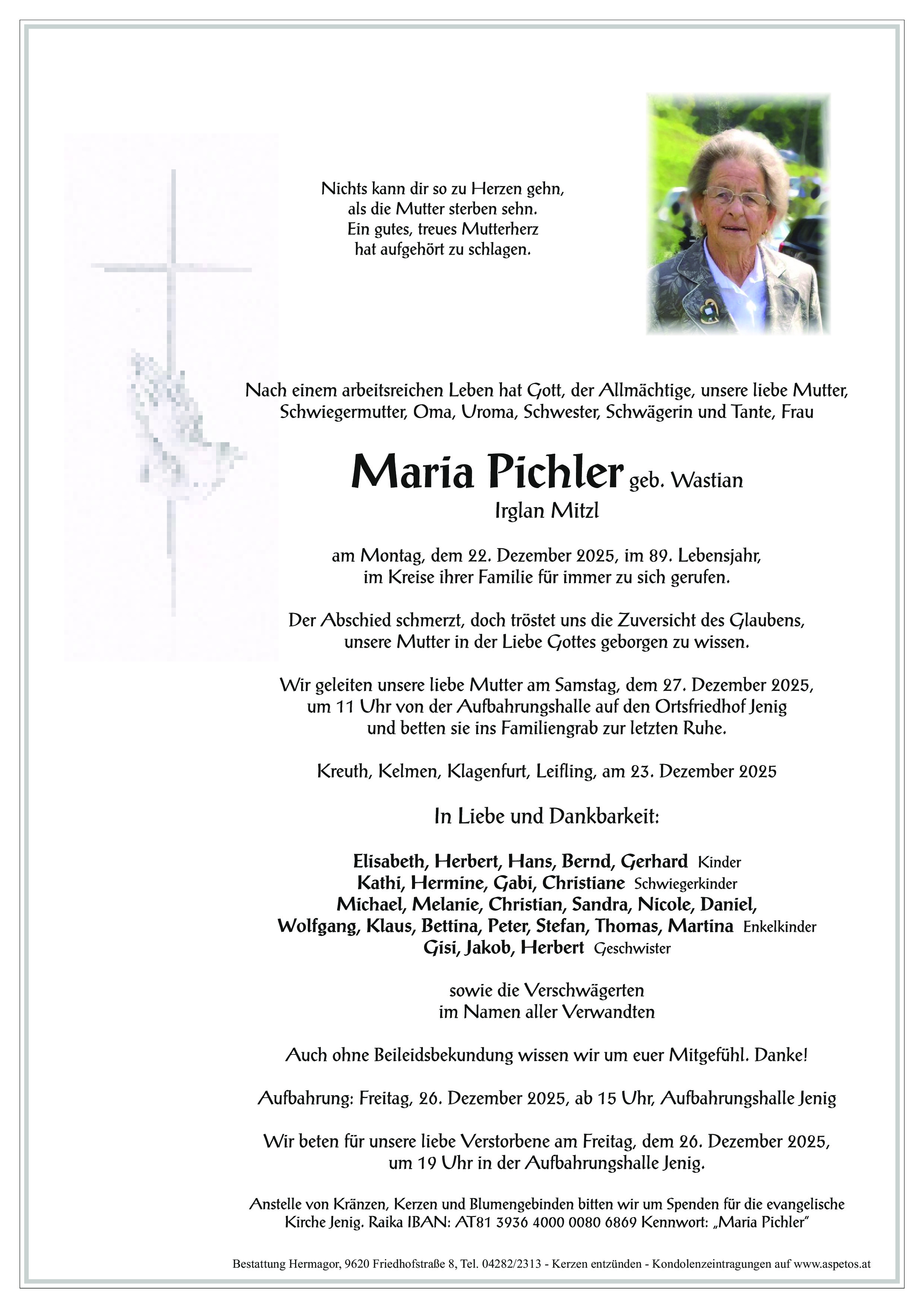 Traueranzeige von Maria Pichler