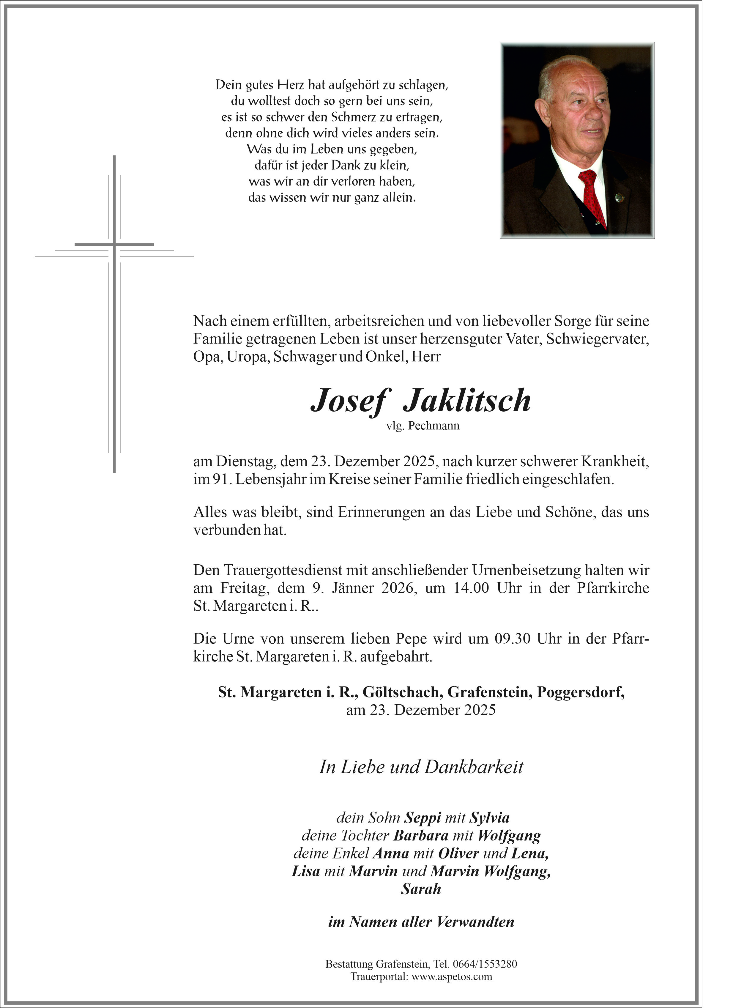 Traueranzeige von Josef Jaklitsch