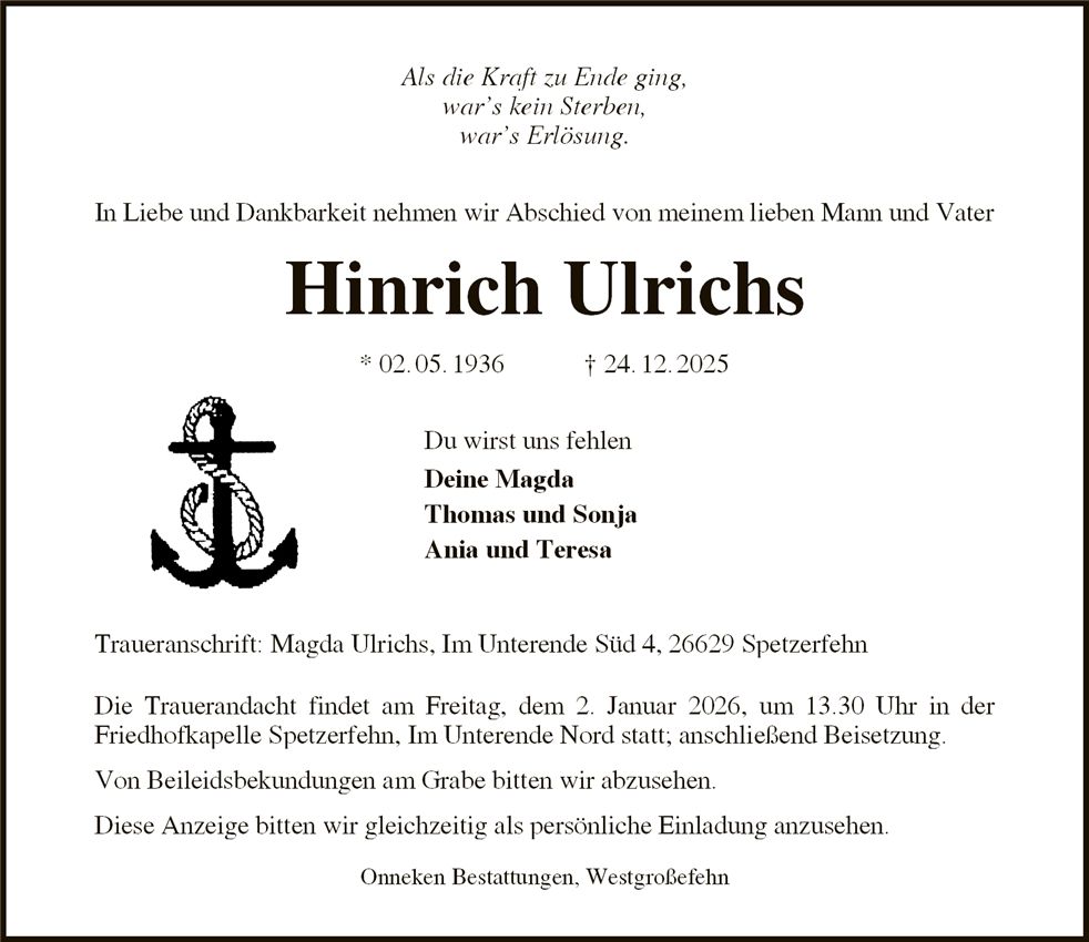 Traueranzeige von Hinrich Ulrichs