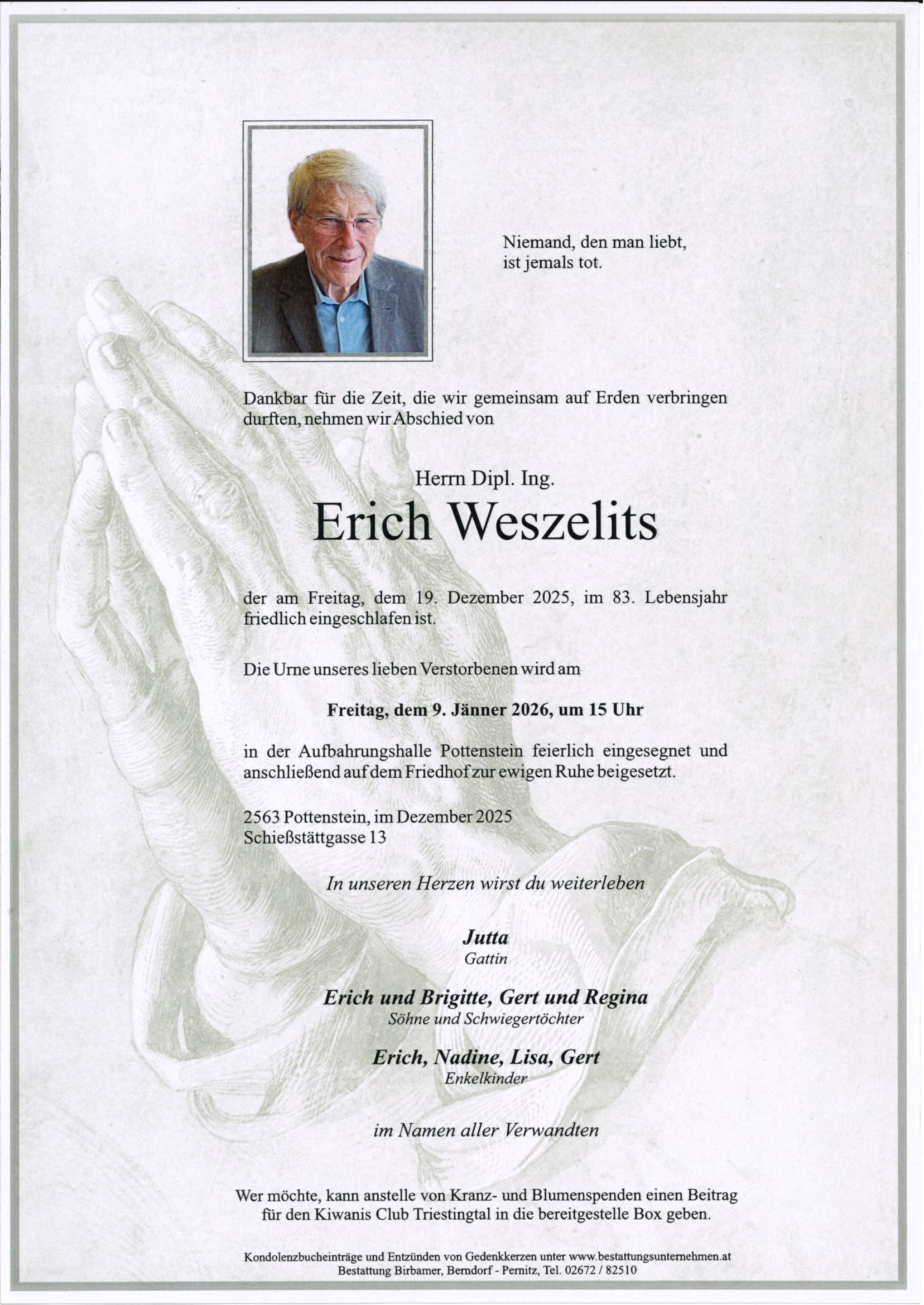 Traueranzeige von Dipl. Ing. Erich Weszelits