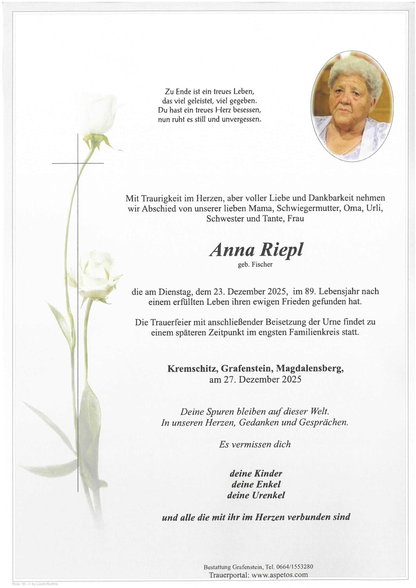 Traueranzeige von Anna Riepl