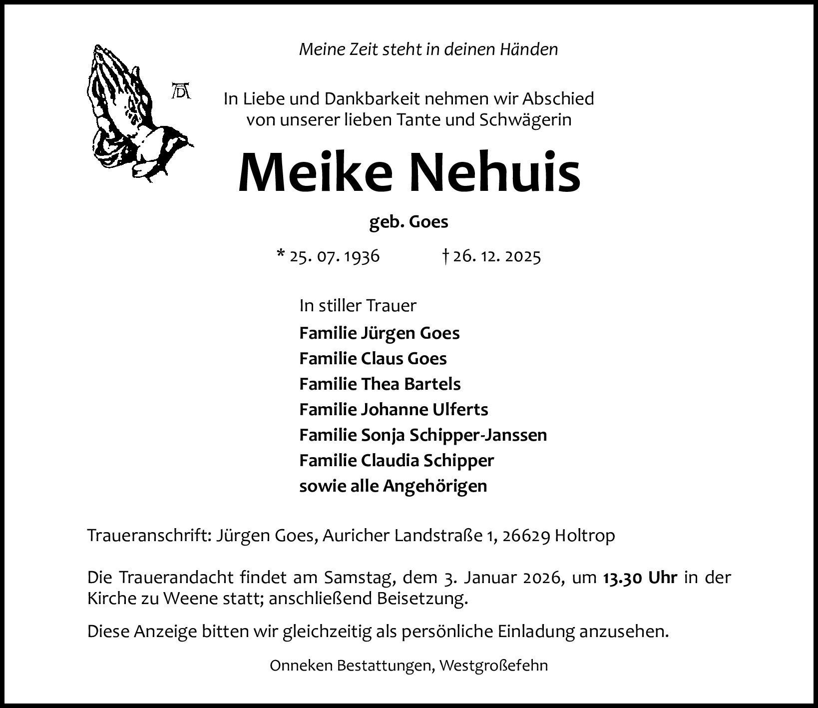 Traueranzeige von Meike Nehuis