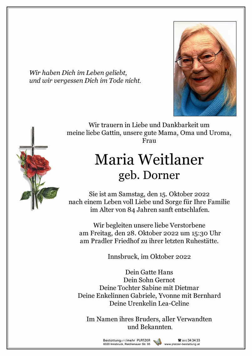 Traueranzeige von Maria Weitlaner