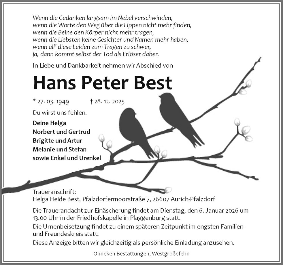 Traueranzeige von Hans Peter Best