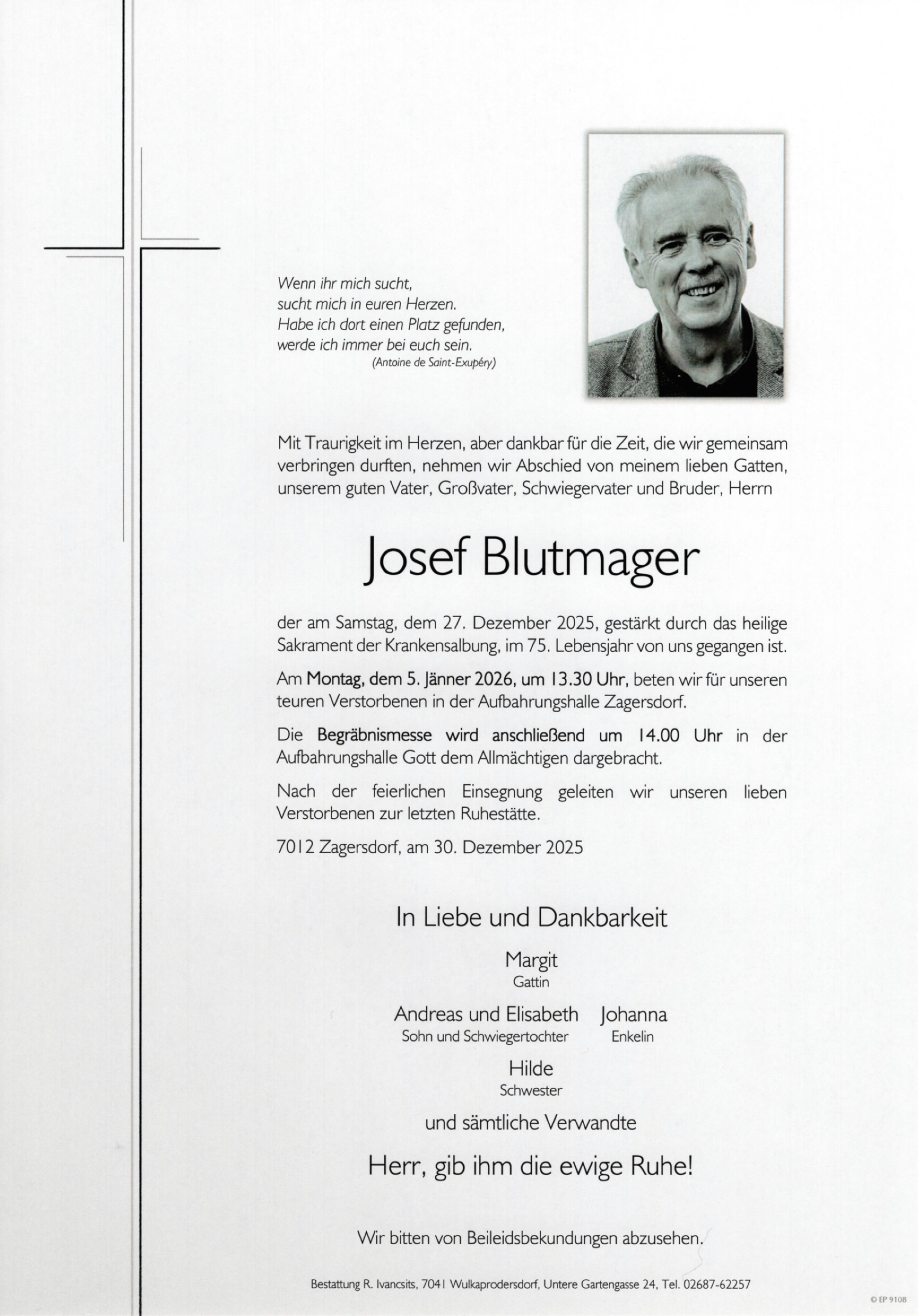 Traueranzeige von Josef Blutmager