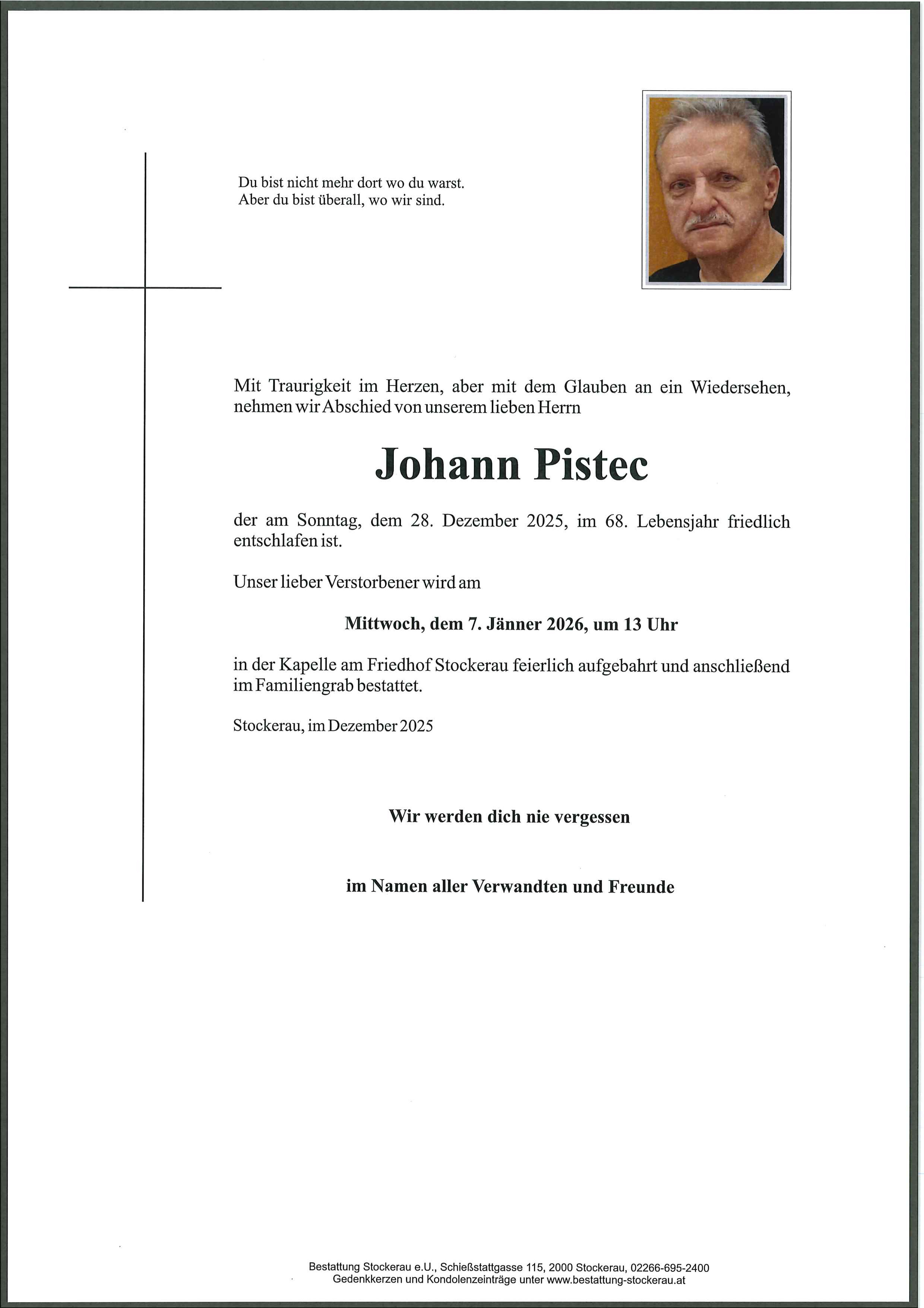 Traueranzeige von Johann Pistec