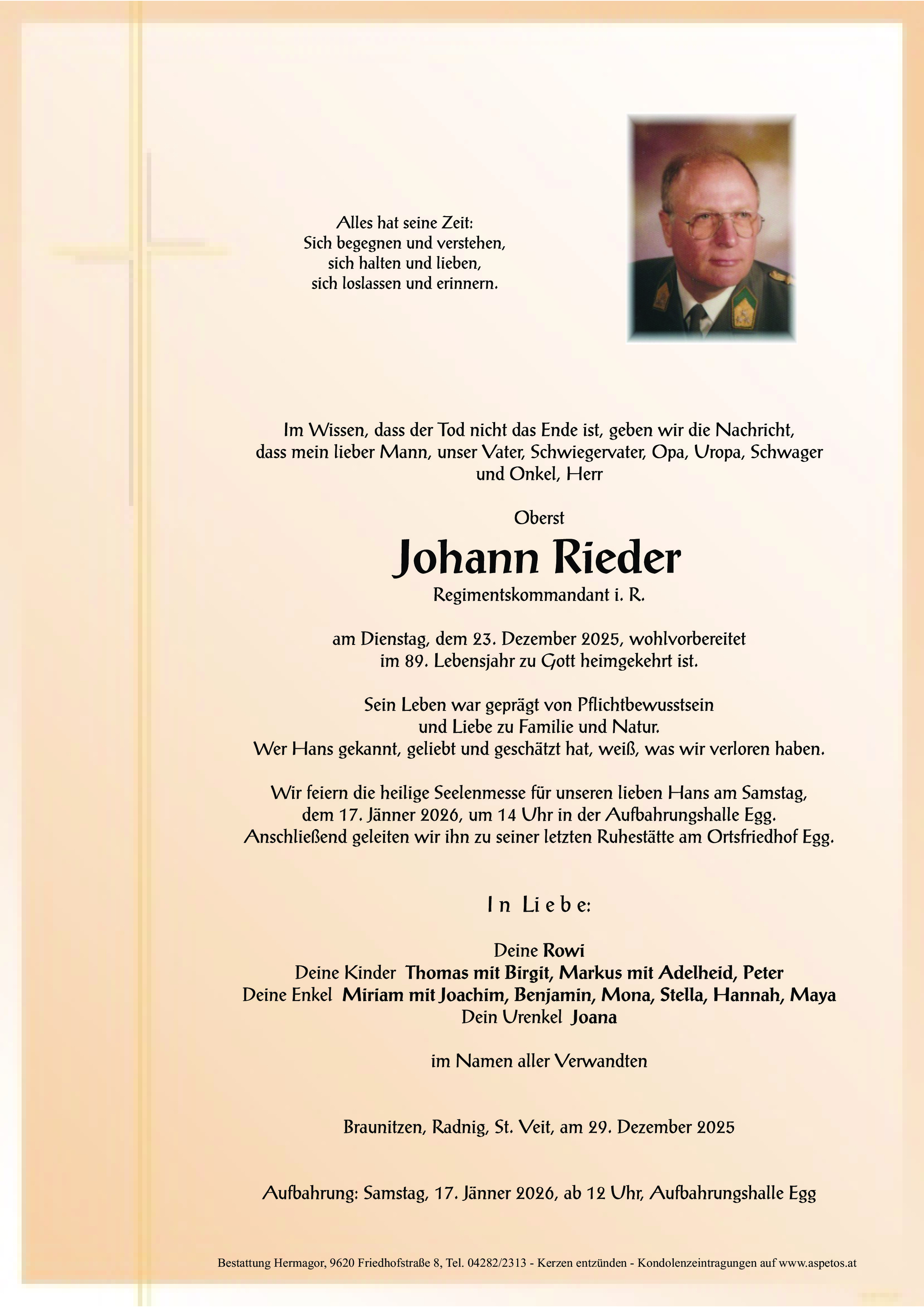 Traueranzeige von Oberst i. R. Johann Rieder