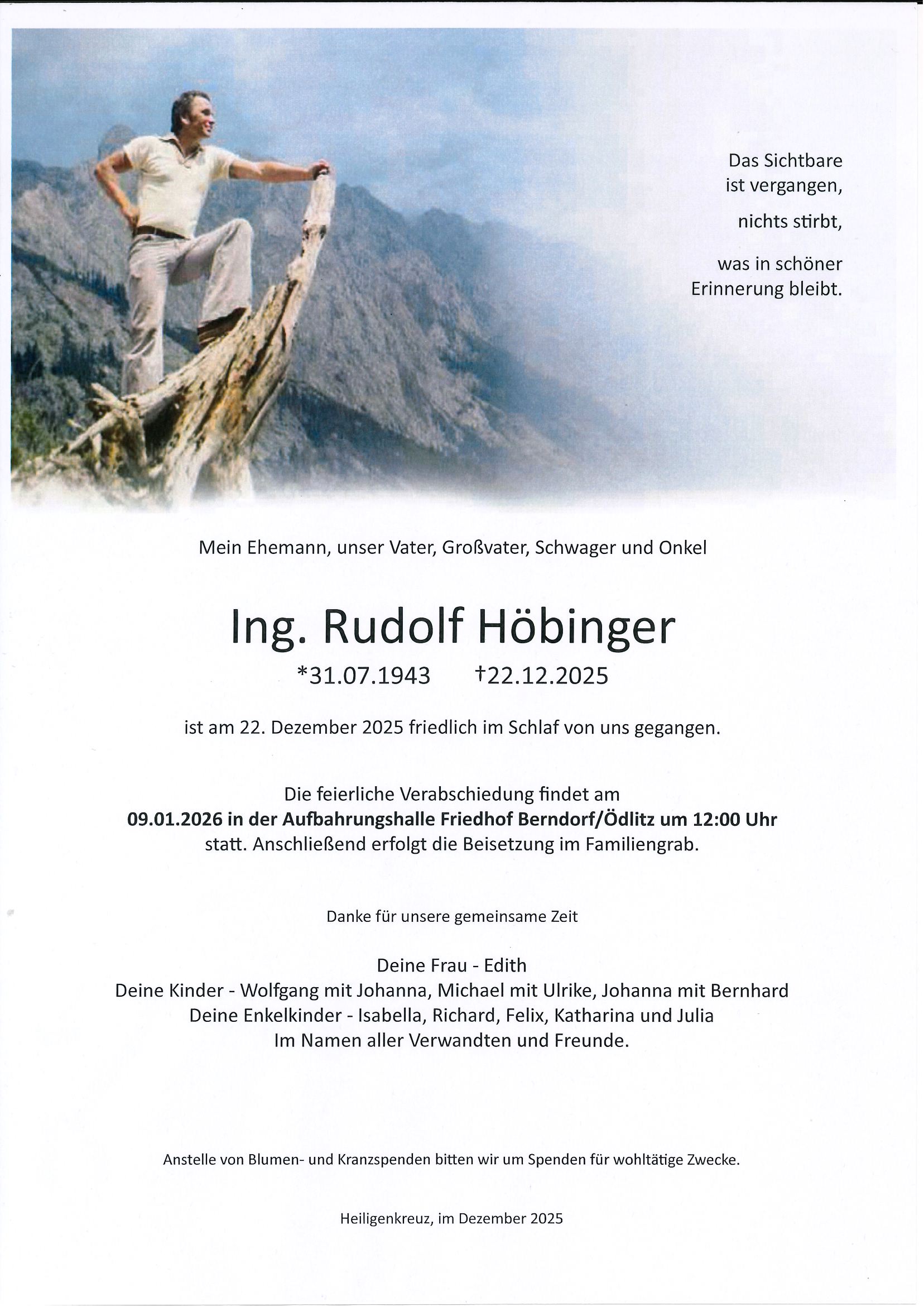 Traueranzeige von Ing. Rudolf Höbinger