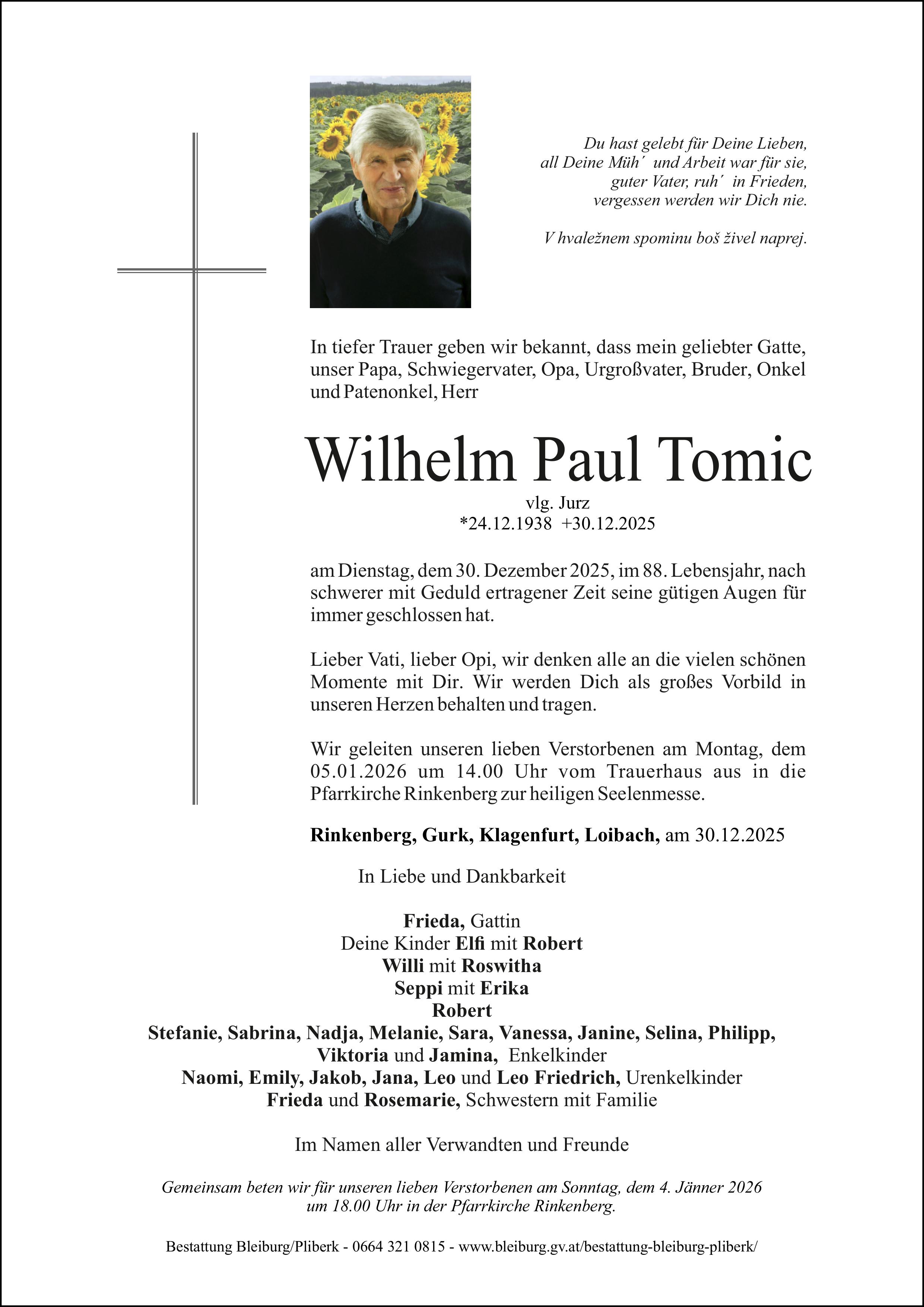 Traueranzeige von Wilhelm Paul Tomic