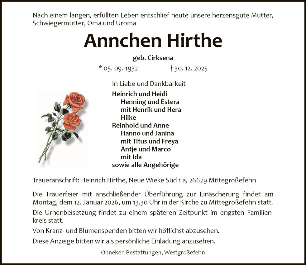 Traueranzeige von Annchen Hirthe