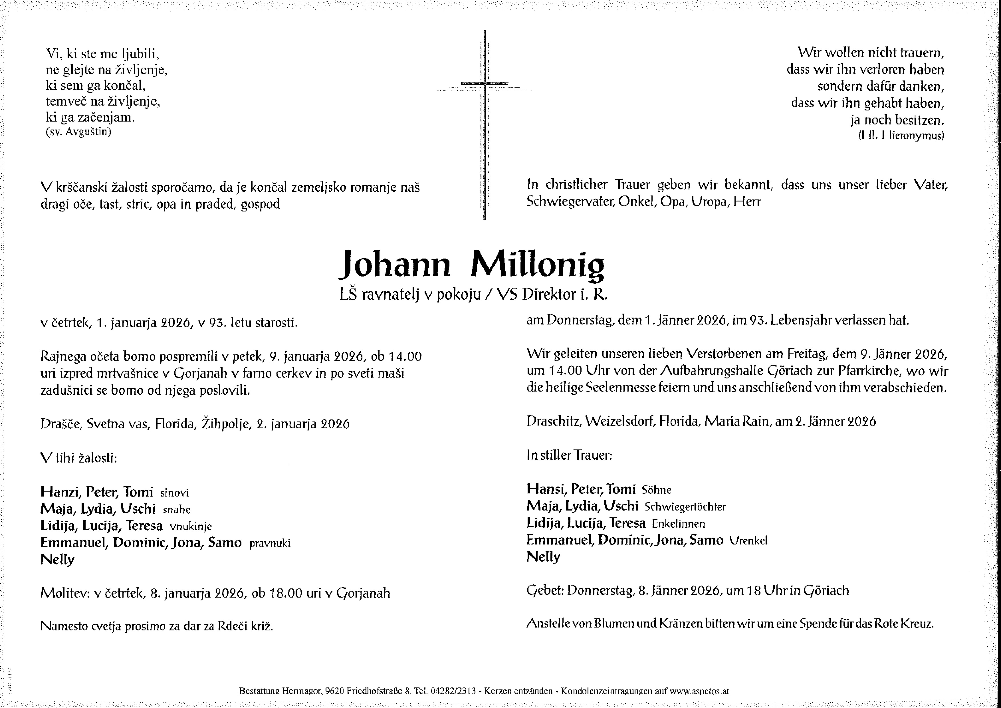 Traueranzeige von VS- Direktor i. R. Johann Millonig