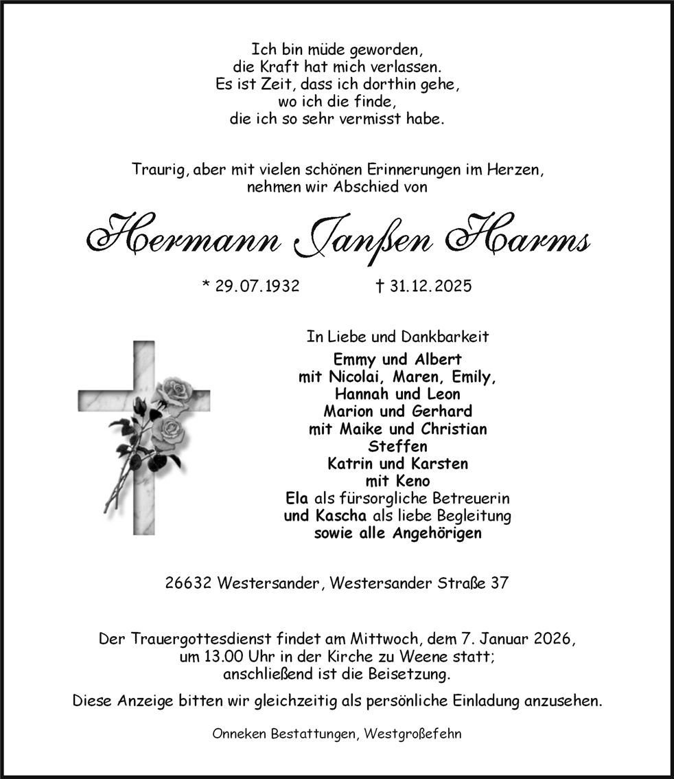 Traueranzeige von Hermann Harms
