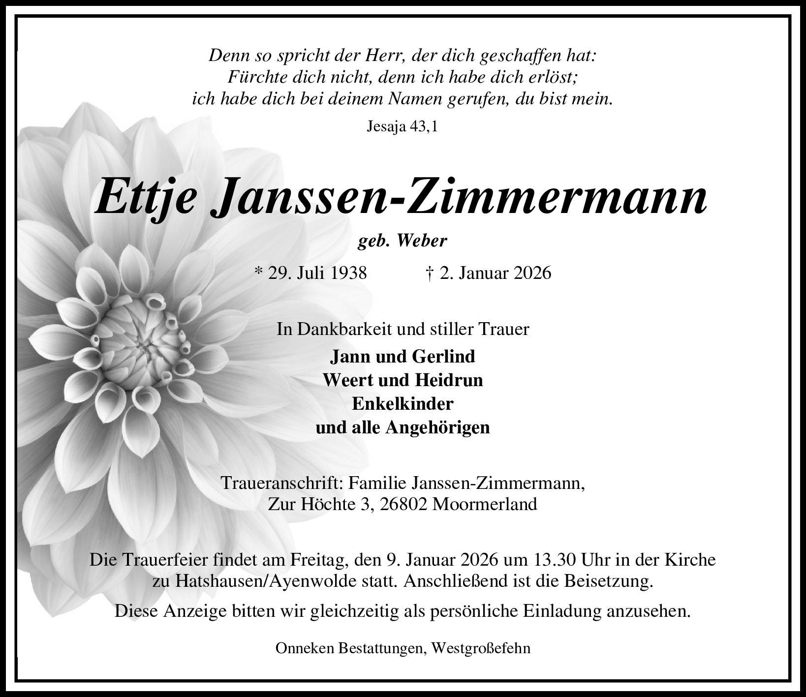 Traueranzeige von Ettje Janssen-Zimmermann