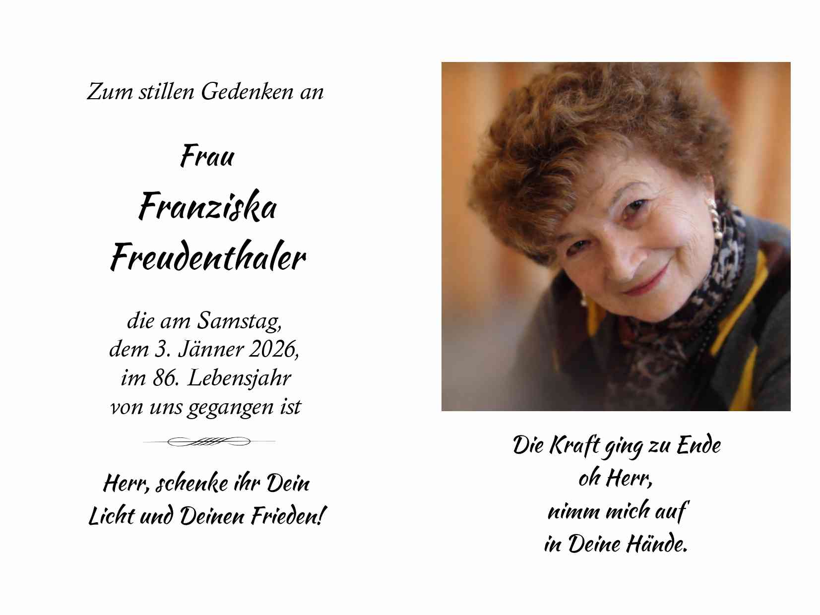 Traueranzeige von Franziska Freudenthaler