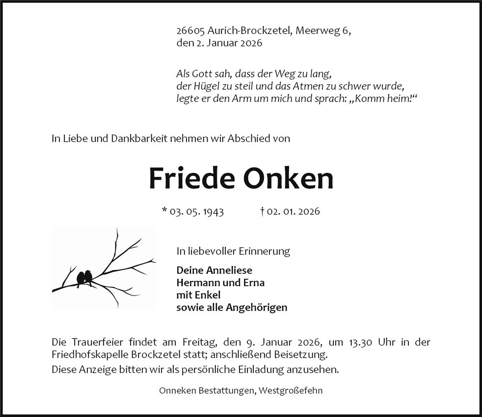 Traueranzeige von Friede Onken