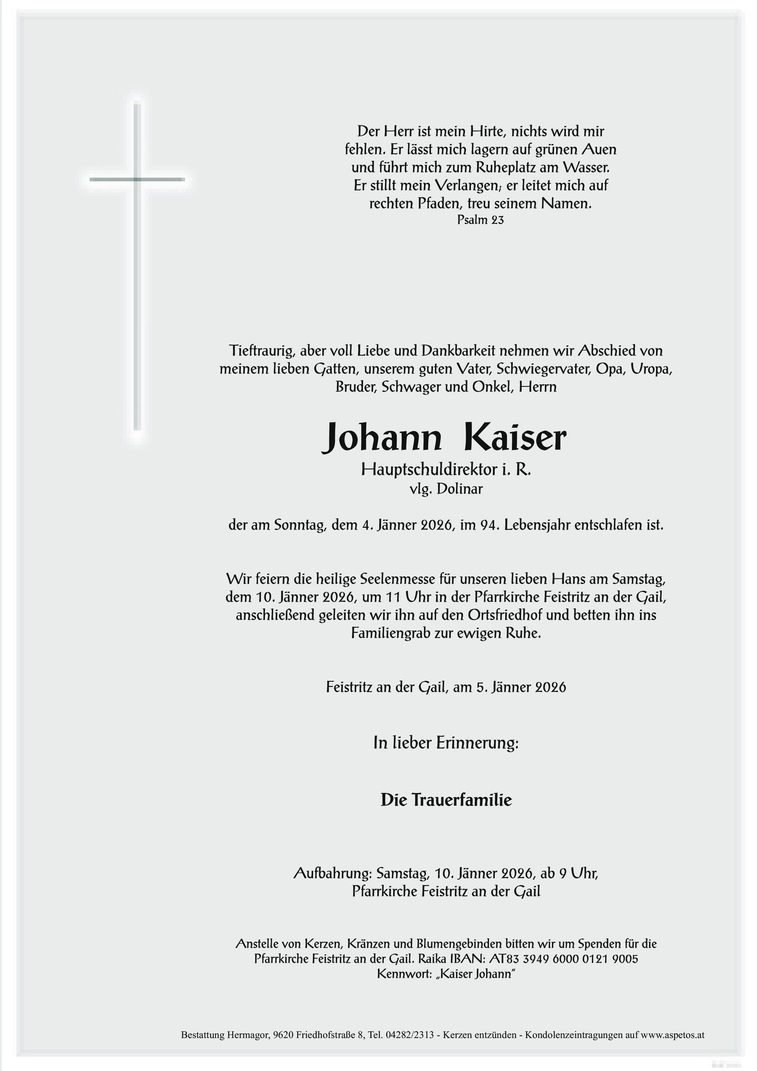 Traueranzeige von Johann Kaiser