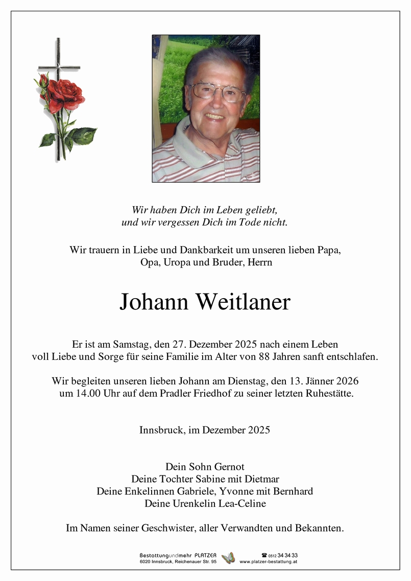 Traueranzeige von Johann Weitlaner