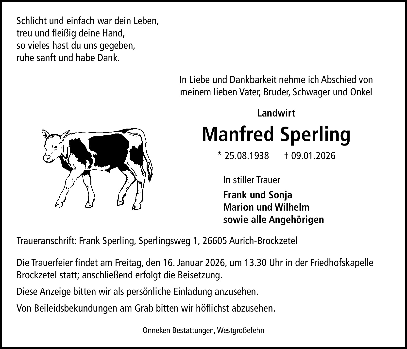 Traueranzeige von Landwirt Manfred Sperling