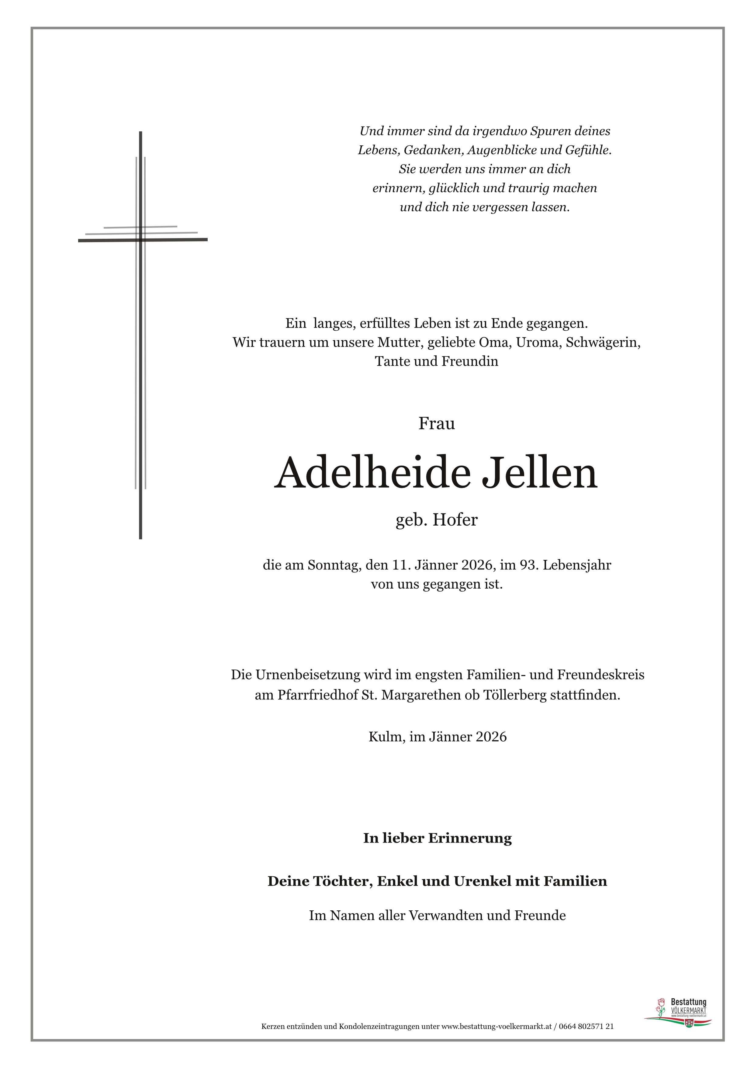 Traueranzeige von Adleheide Jellen