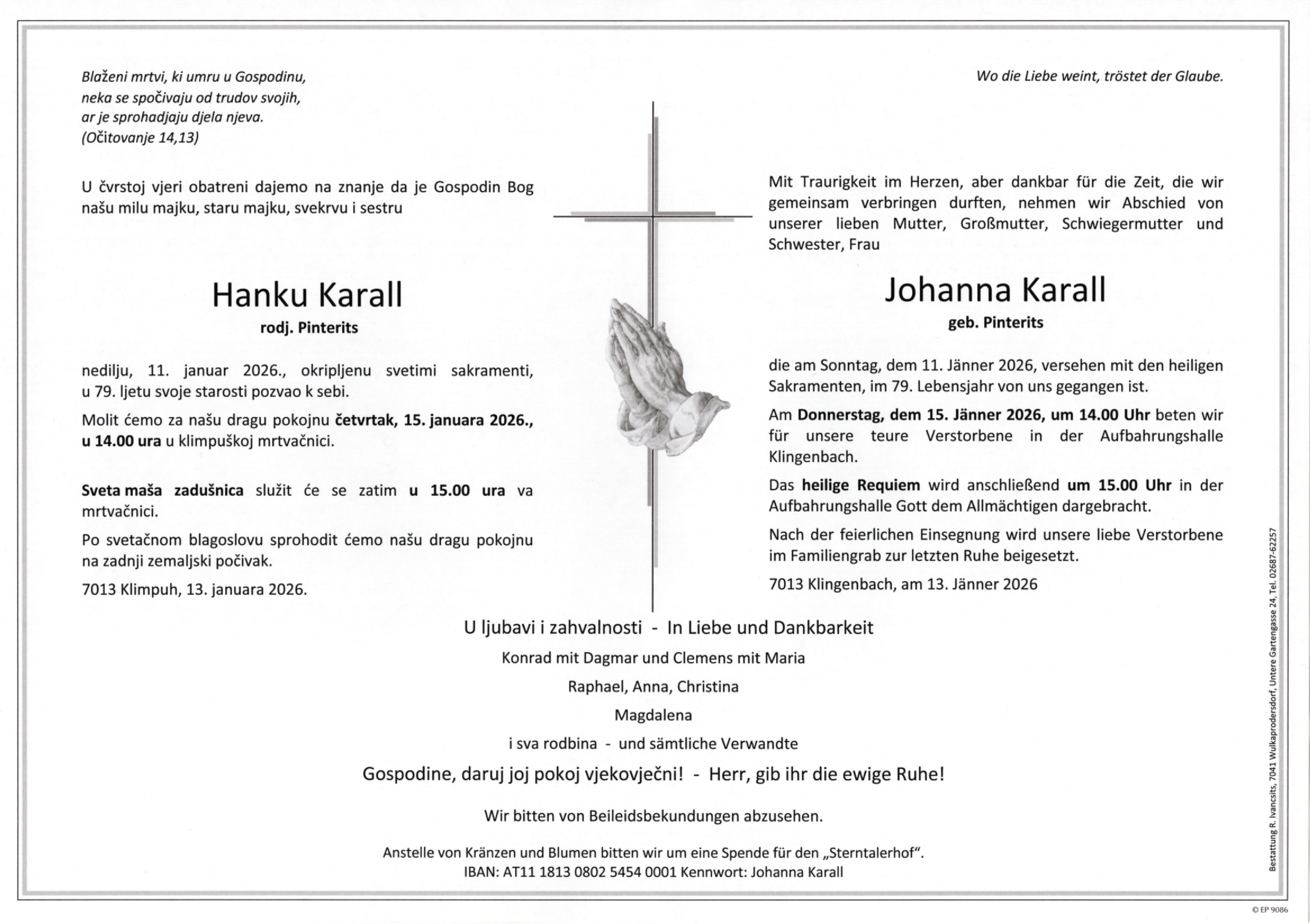 Traueranzeige von Johanna Karall