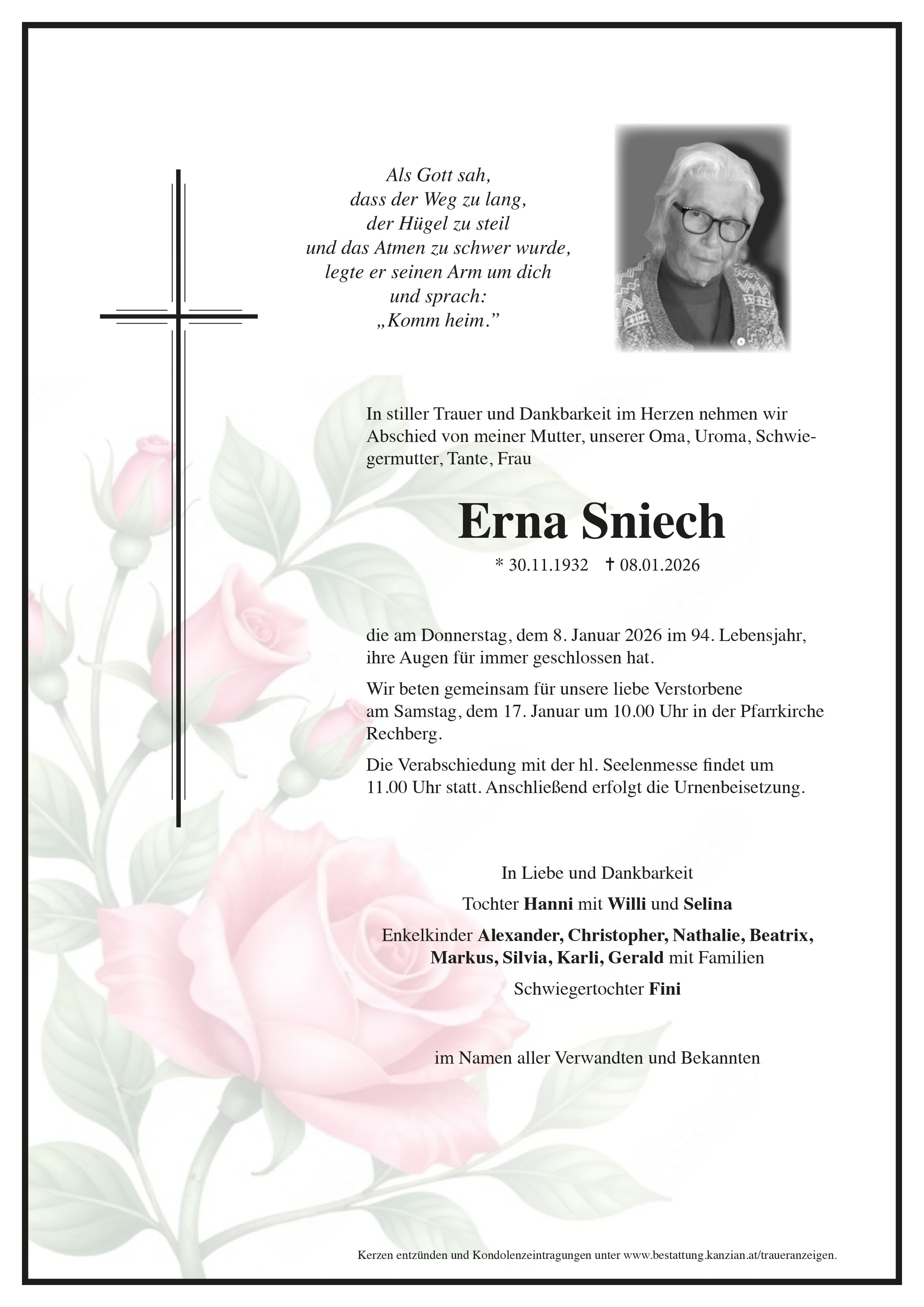 Traueranzeige von Erna Sniech