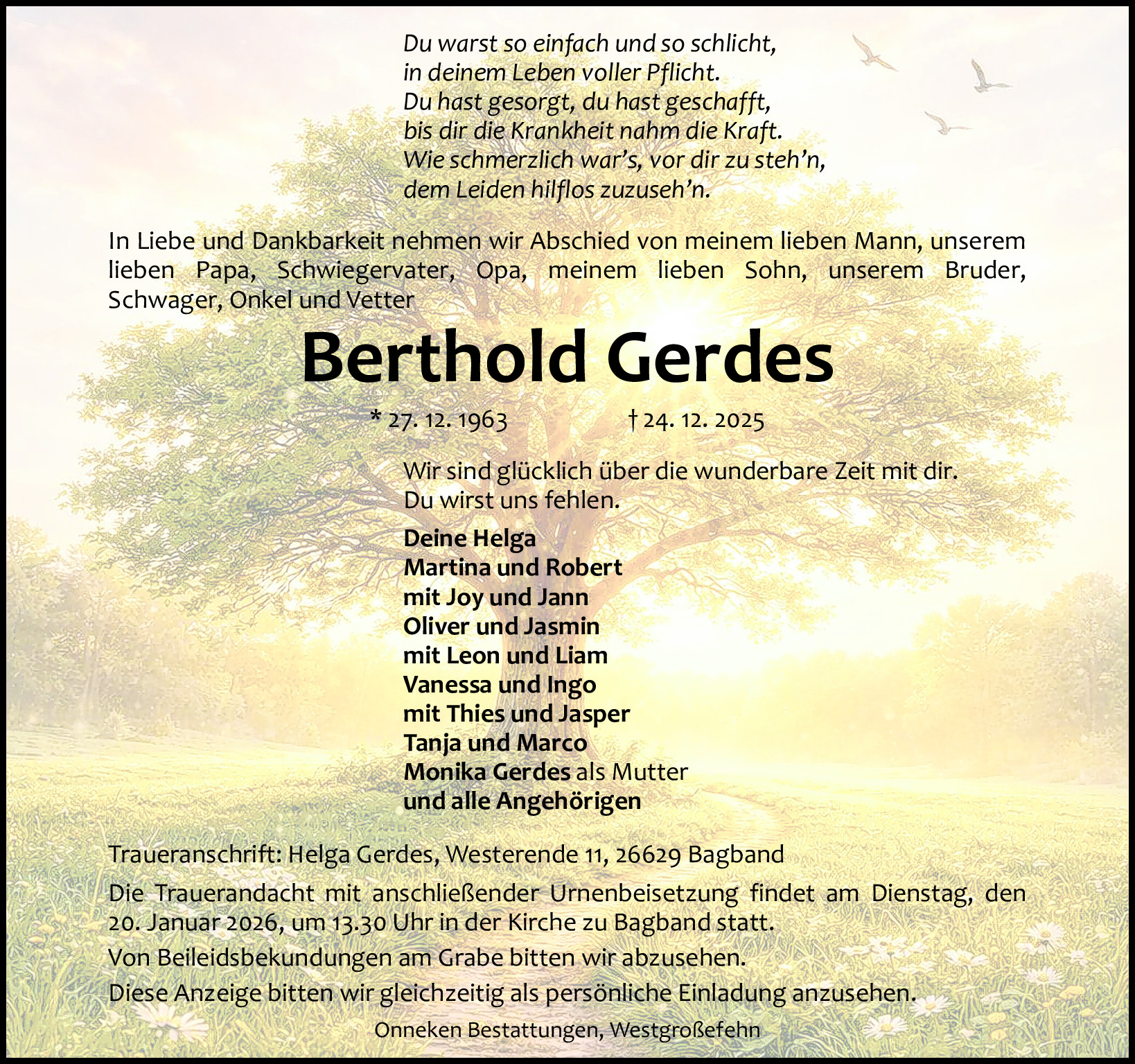 Traueranzeige von Berthold Gerdes