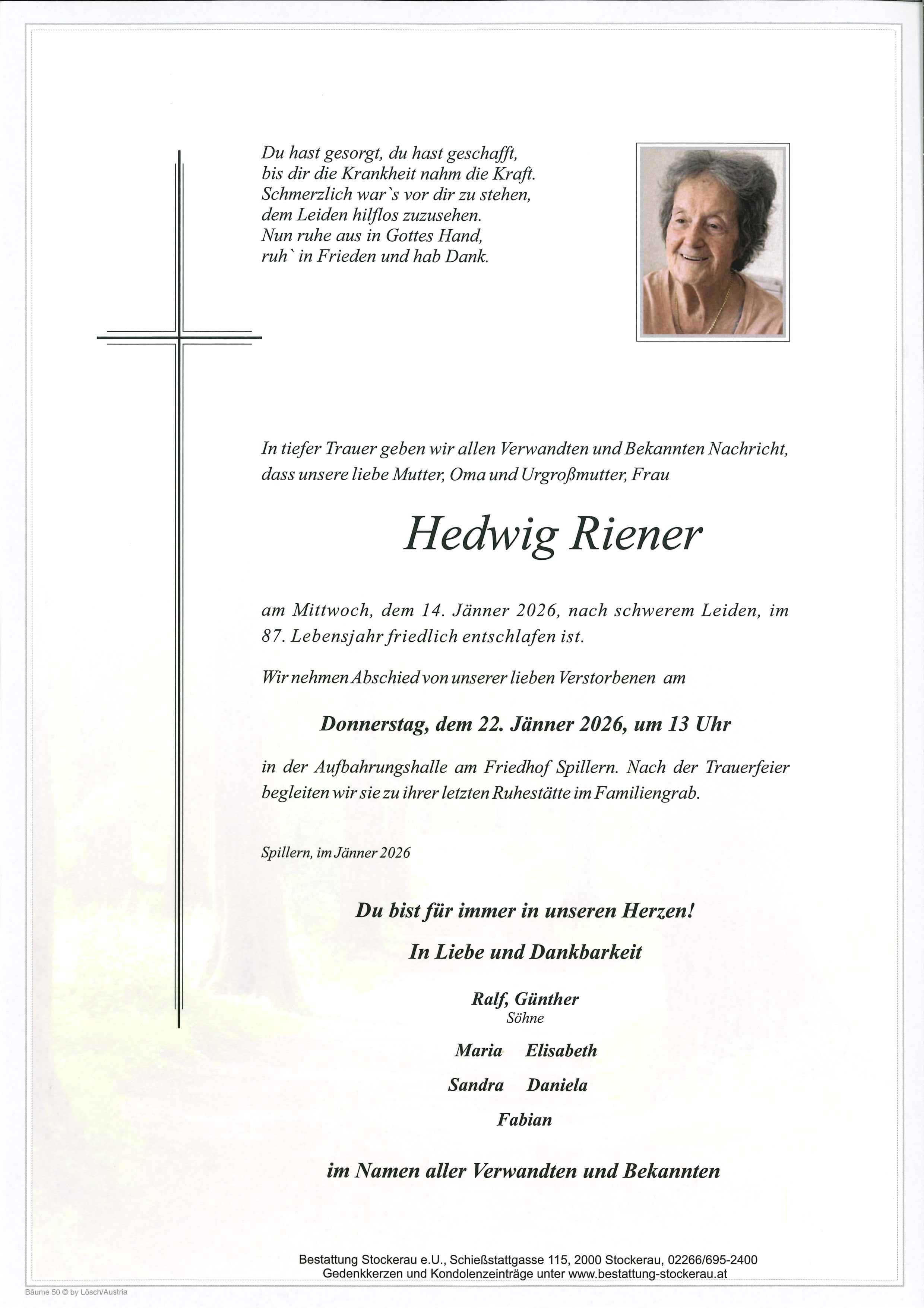 Traueranzeige von Hedwig Riener