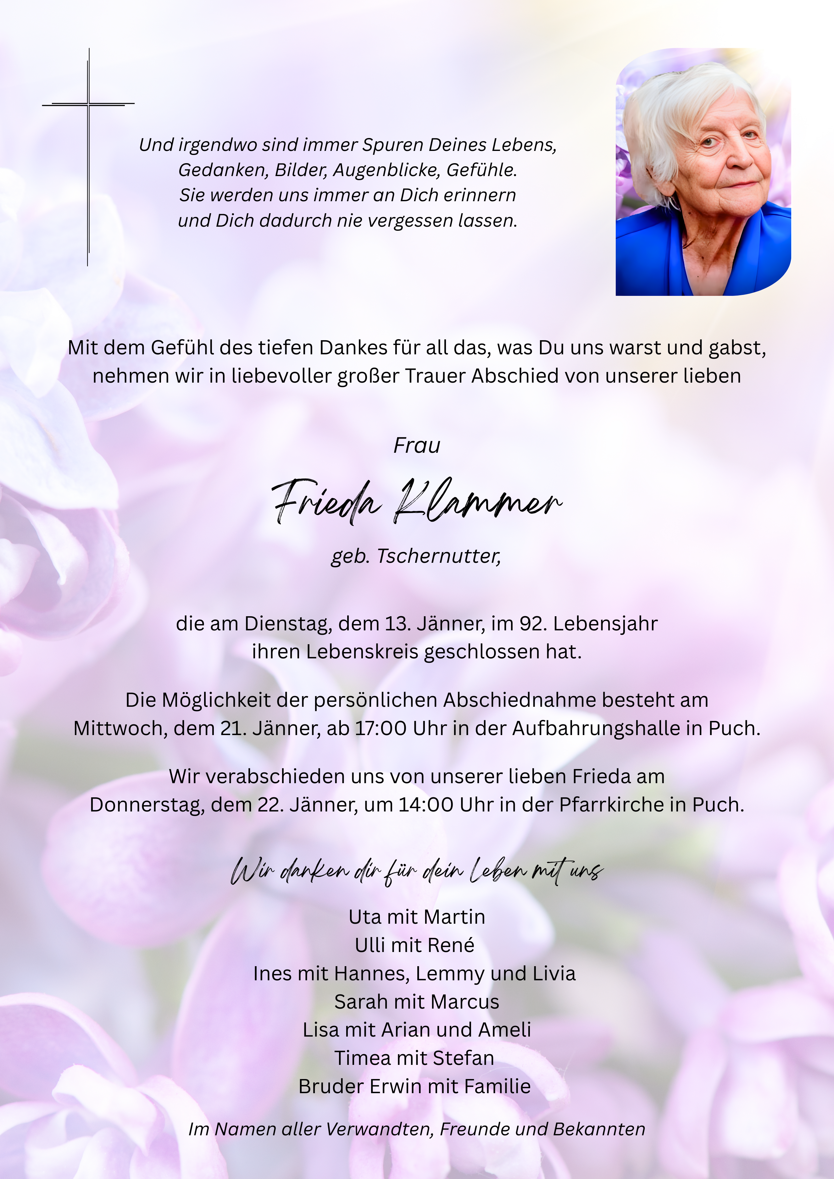Traueranzeige von Frieda Klammer