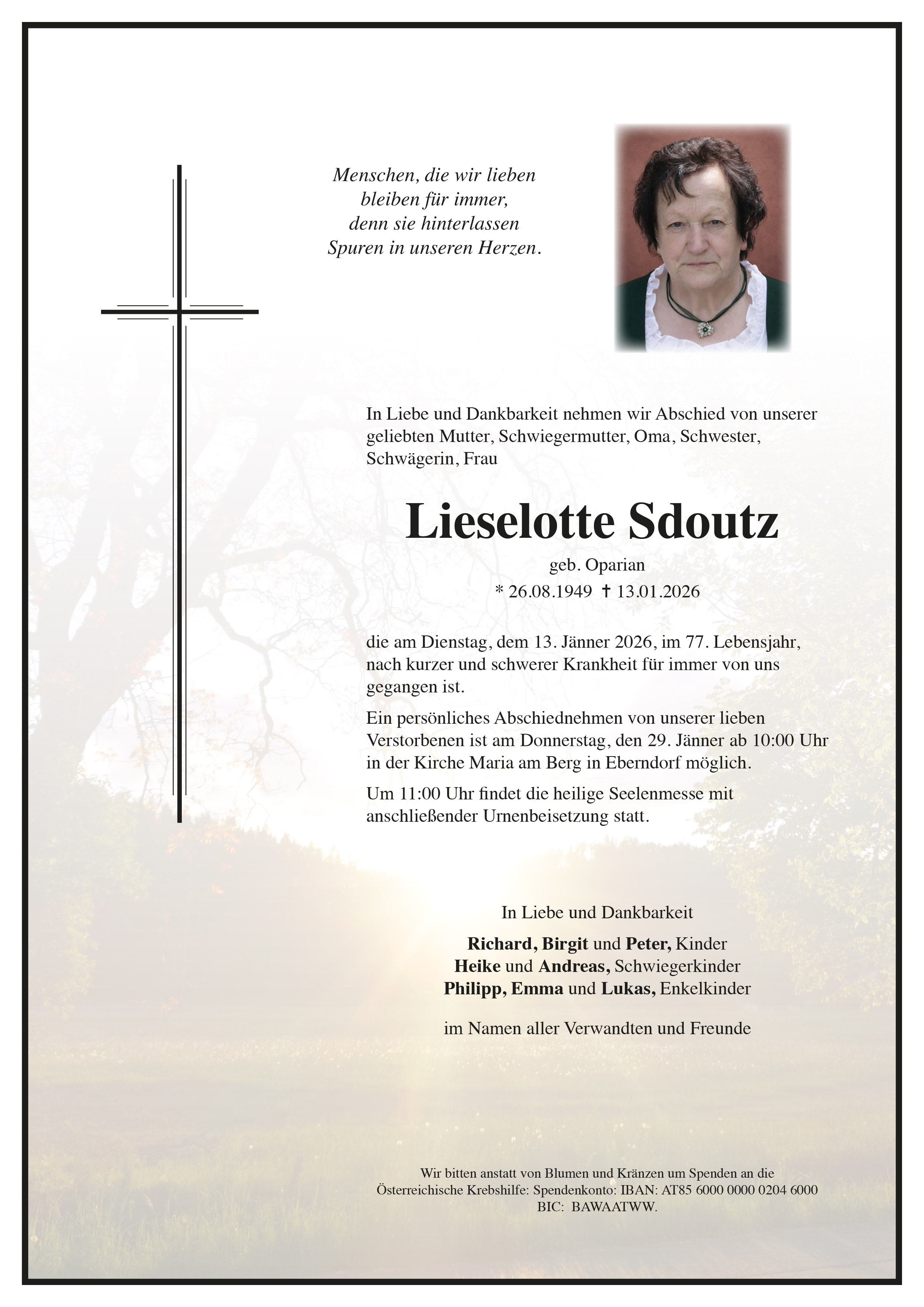 Traueranzeige von Liselotte Sdoutz