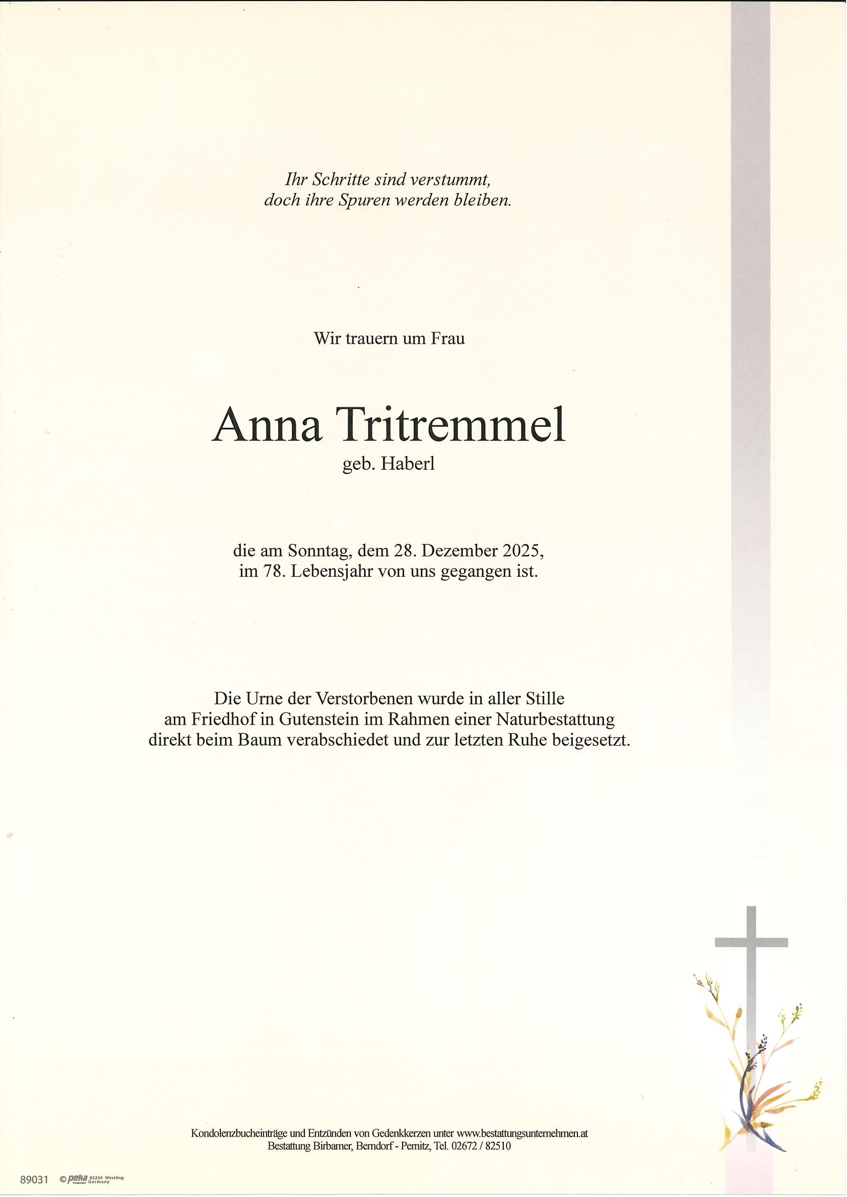 Traueranzeige von Anna Tritremmel