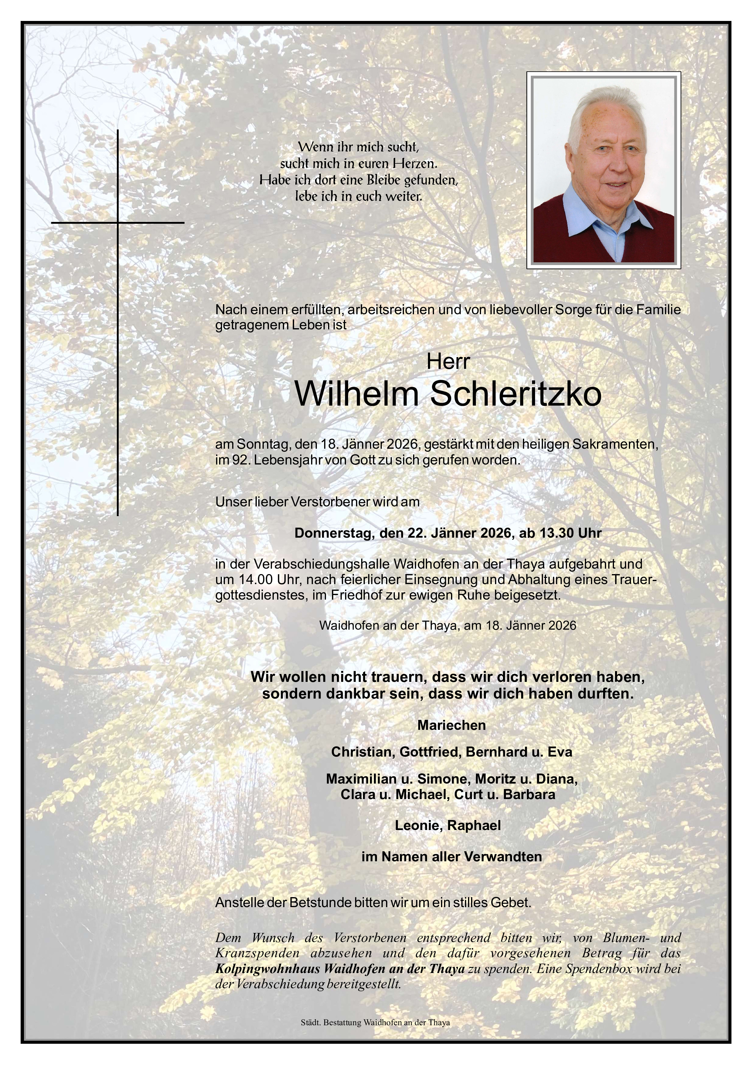 Traueranzeige von Wilhelm Schleritzko