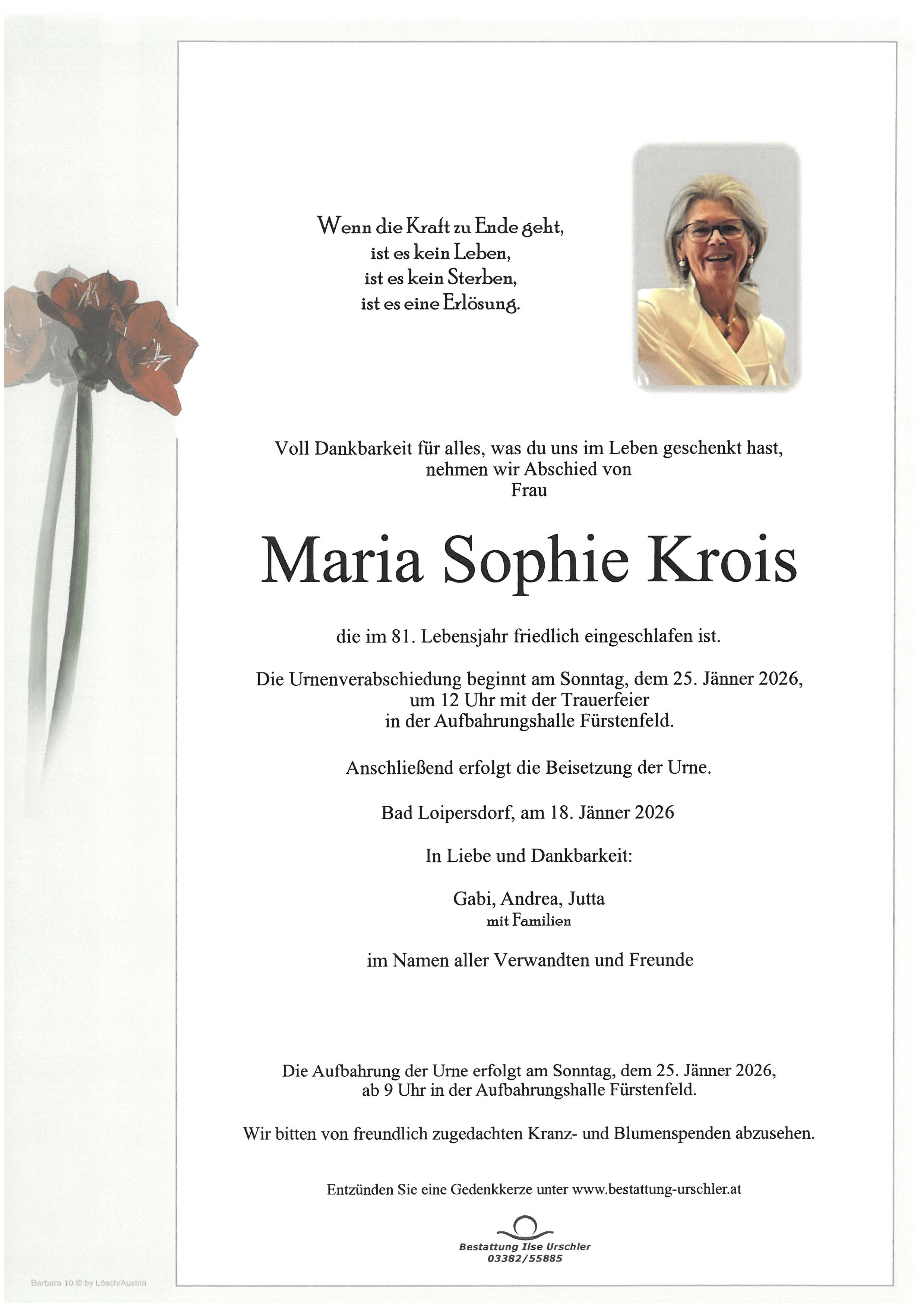 Traueranzeige von Maria Sophie Krois
