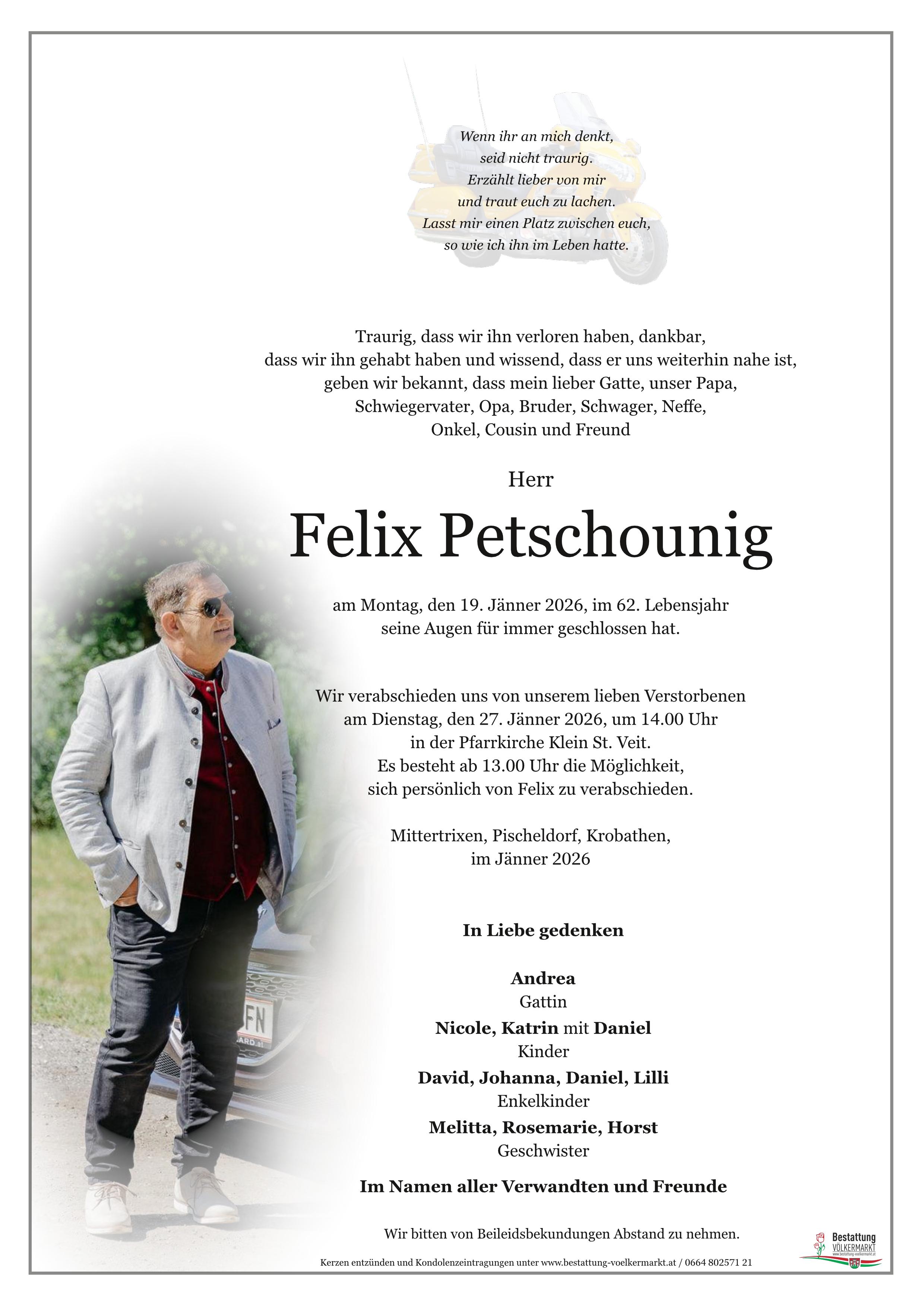 Traueranzeige von Petschounig Felix