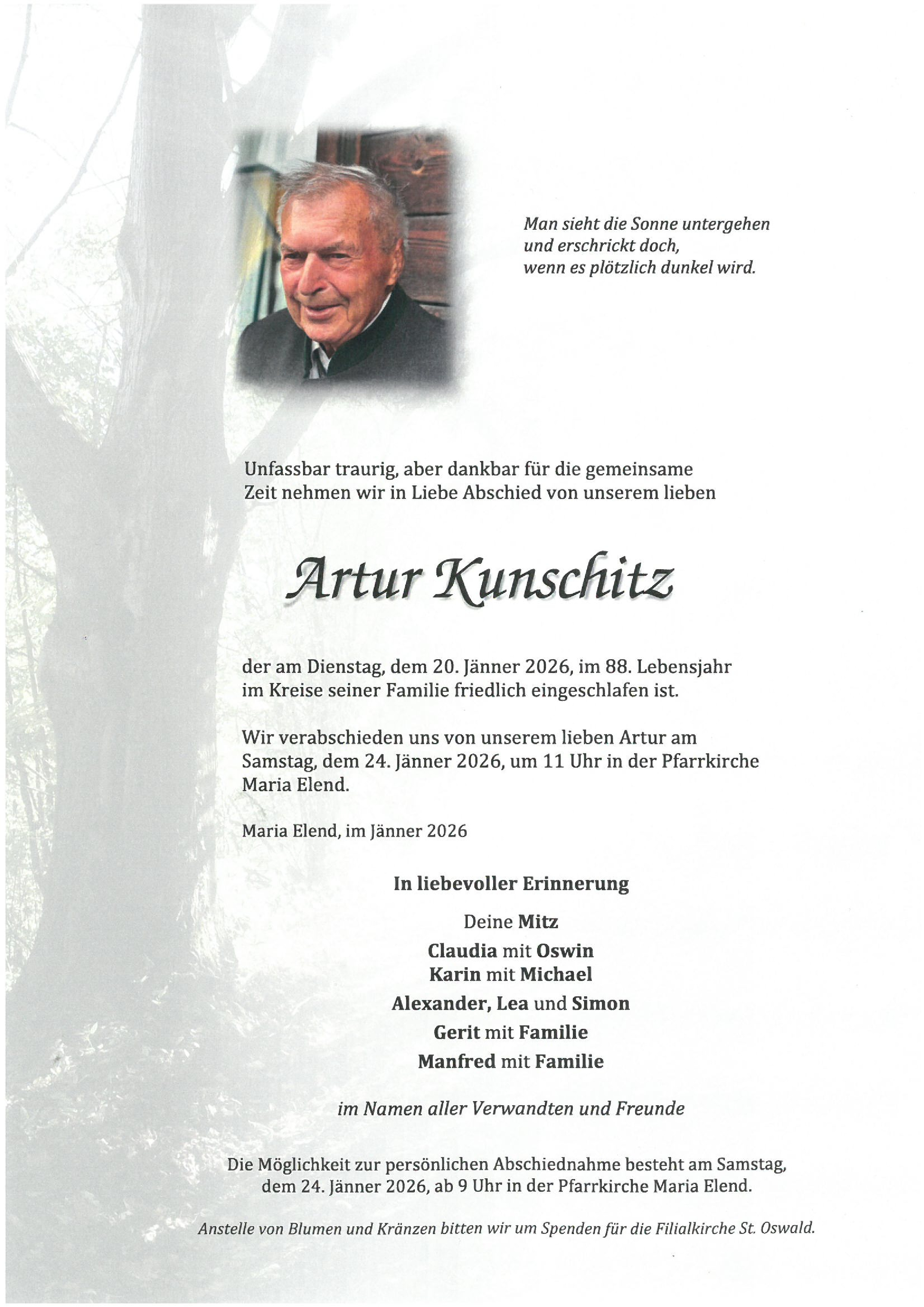 Traueranzeige von Artur Kunschitz