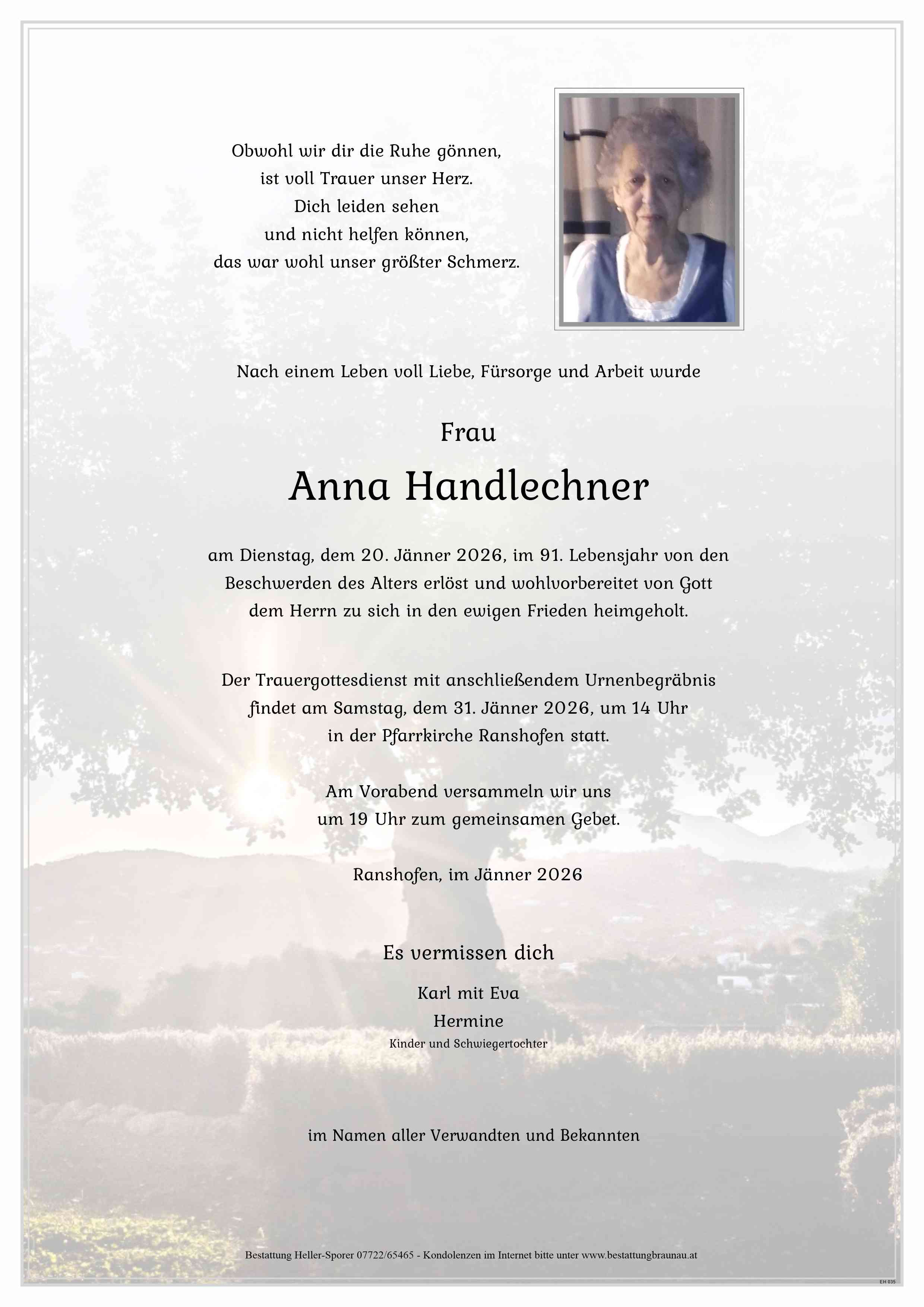 Traueranzeige von Anna Handlechner