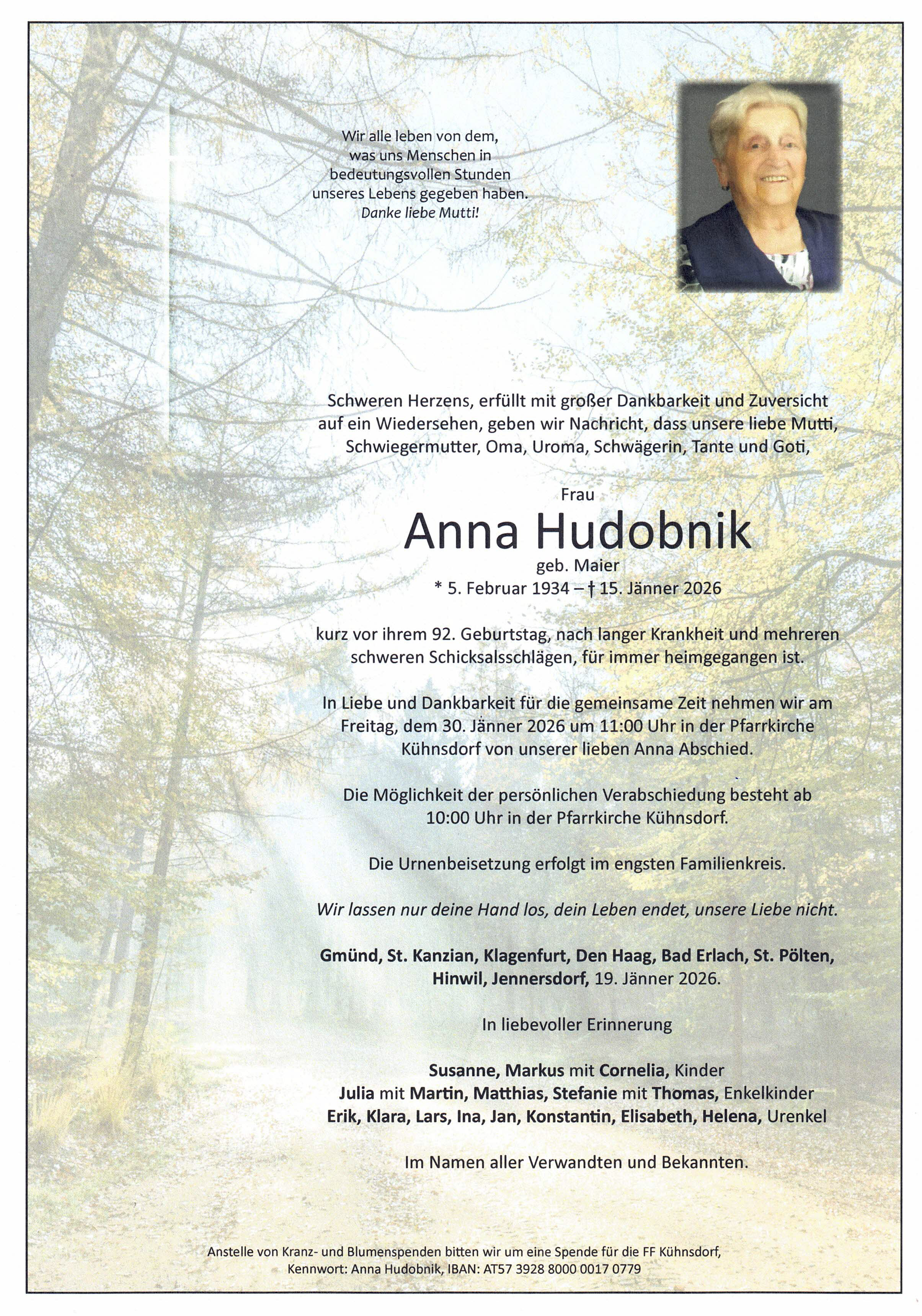 Traueranzeige von Anna Hudobnik