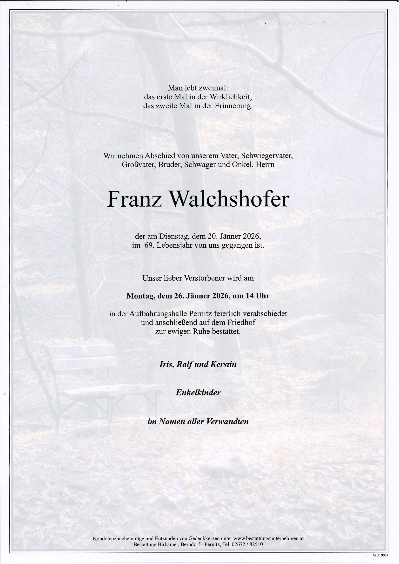 Traueranzeige von Franz Walchshofer