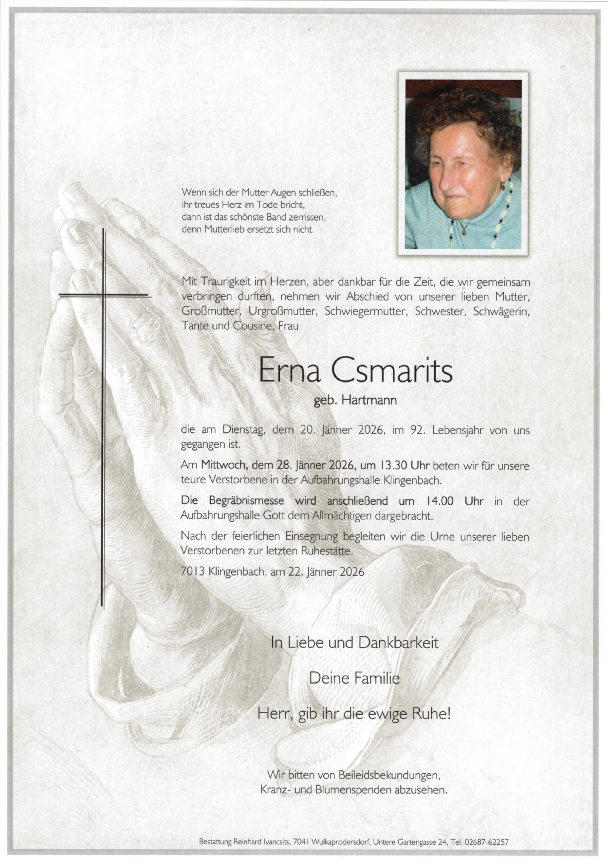 Traueranzeige von Erna Csmarits