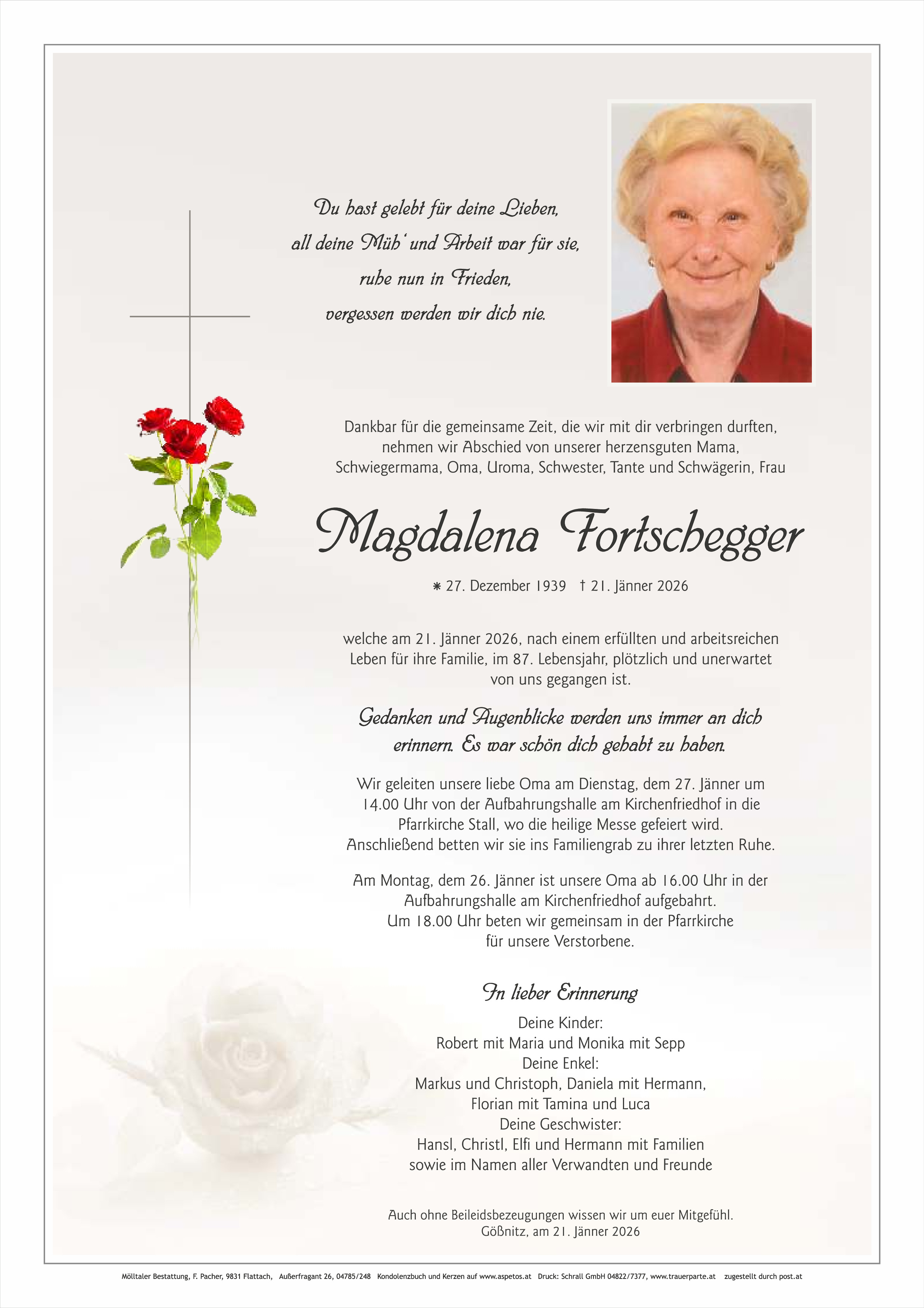 Traueranzeige von Magdalena Fortschegger