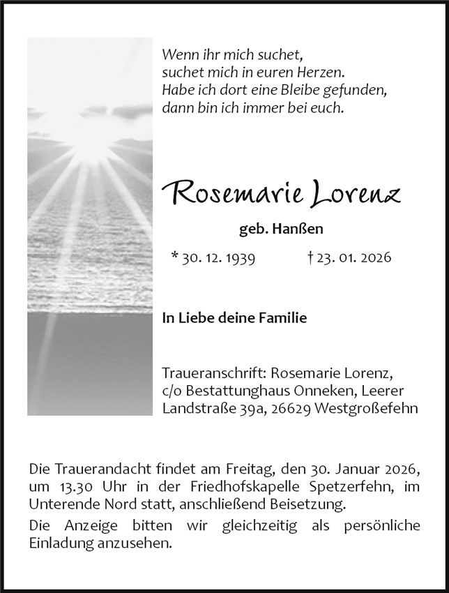 Traueranzeige von Rosemarie Lorenz