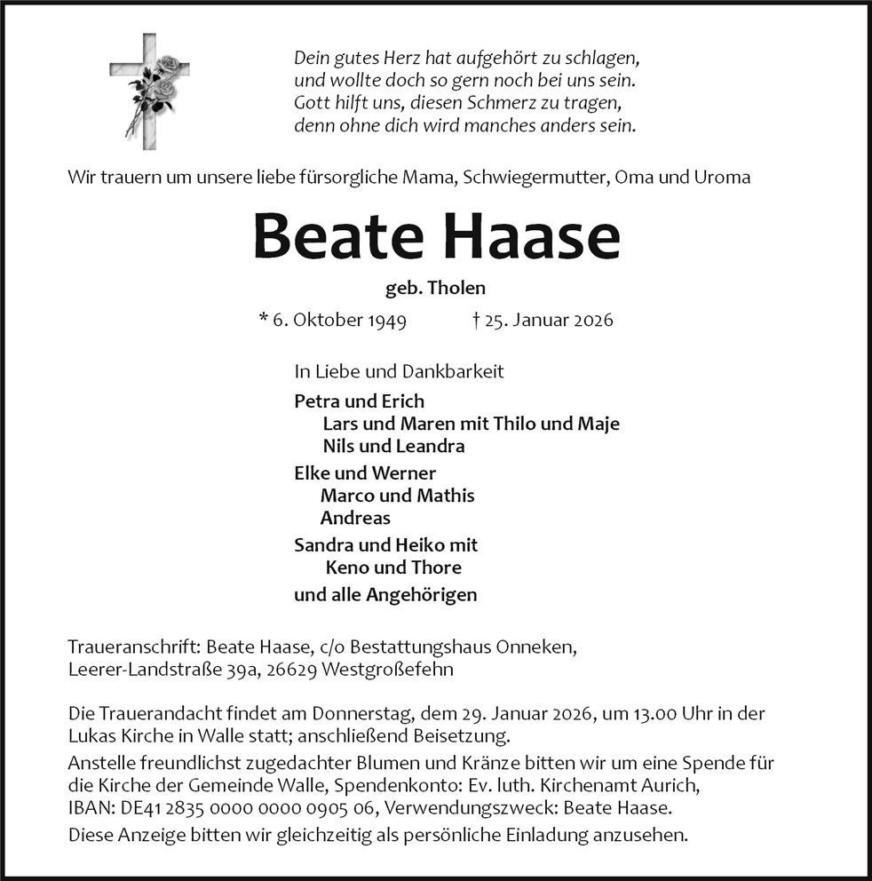 Traueranzeige von Beate Haase