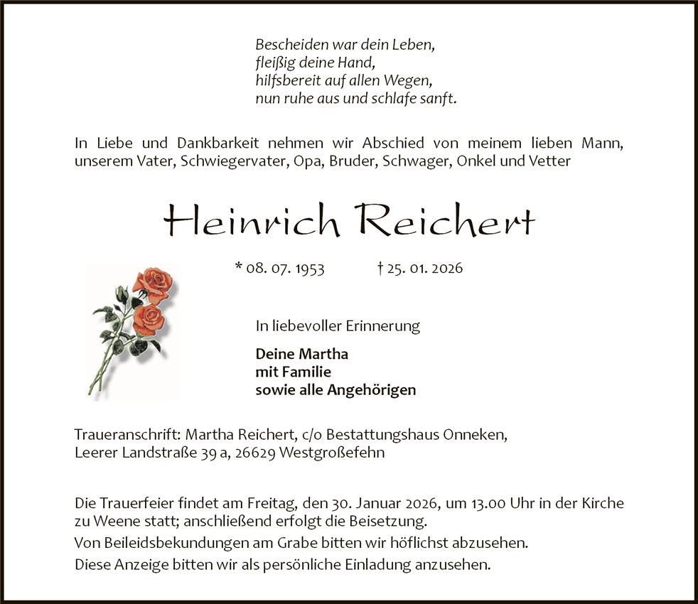 Traueranzeige von Heinrich Reichert